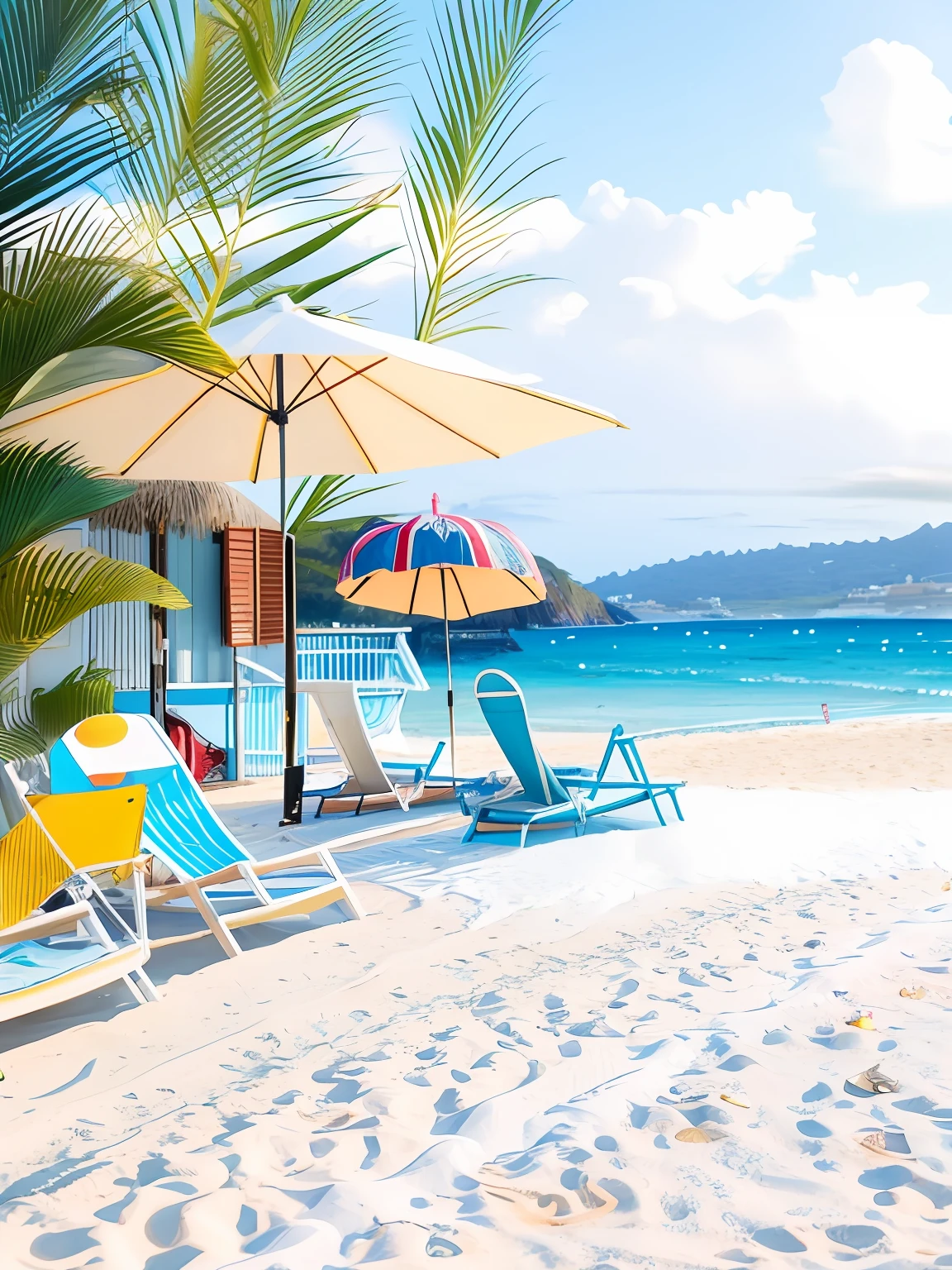 There are beach chairs on the beach、Umbrellas and surfboards, beach setting medium shot, beach setting, seaside backgroud, beach aesthetic, Beach scene, Beach background, Happy Italian beach scene, sunny day at beach, relaxing on the beach, Entitled "Beach holiday", landscape of a beach, relaxing on the beach,
