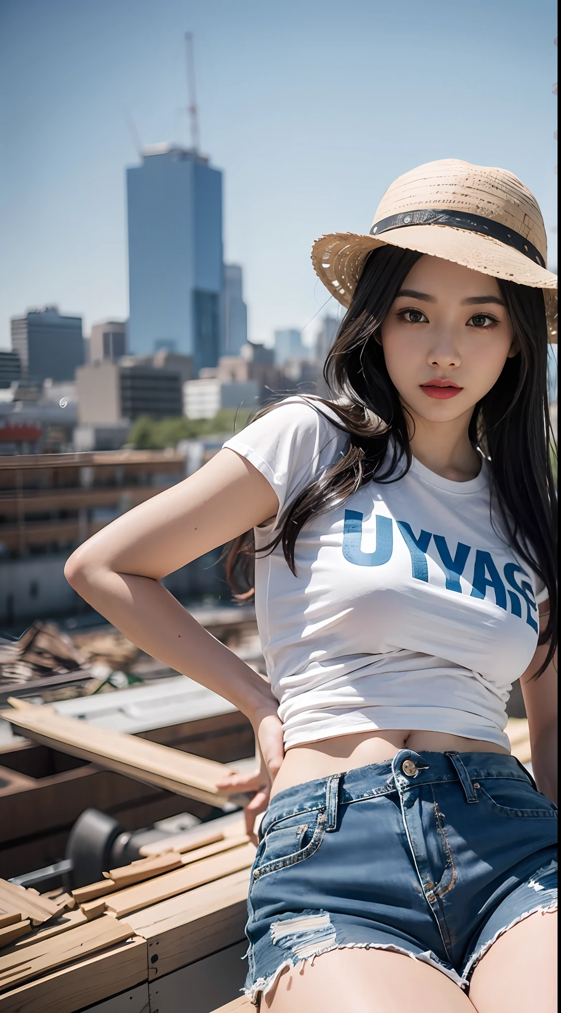 Girl wearing blue denim shorts，Wear it with a white T-shirt，posed for photo，above waist，Slim body，Smaller bust，Slim girl model，24 years old female model，Lying on the construction site，documentary photography,crossed bangs,Accent Lighting，（best qualtiy，8K，32K，tmasterpiece，hyper HD：1.3）
