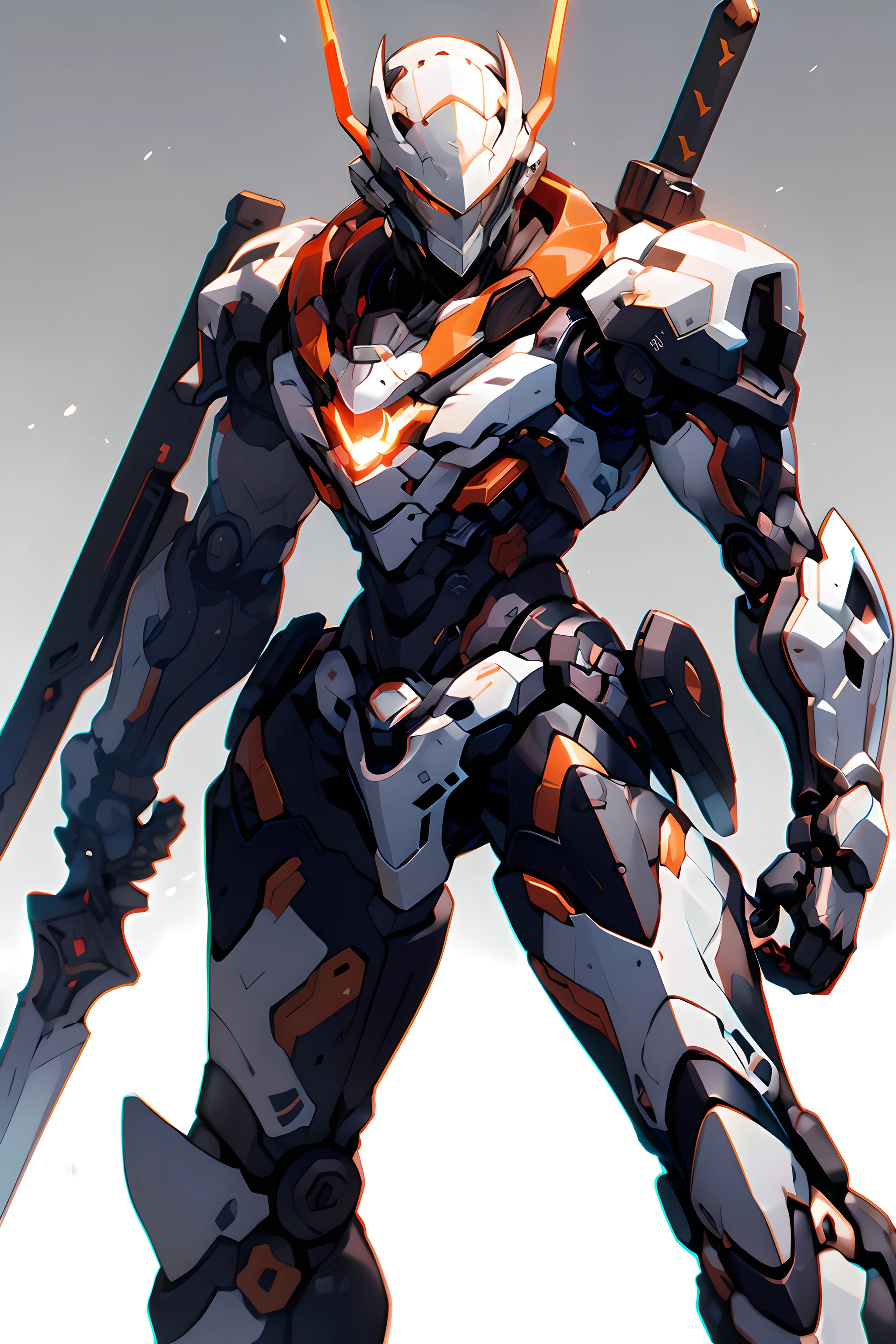 masterpiece, High quality, Beautiful wallpaper, Mech warrior, Glowing eyes, solo, The sword, Mask, Helmet, Science fiction theme, Structural integration simplification, Gradient background, Graceful curve,close up,