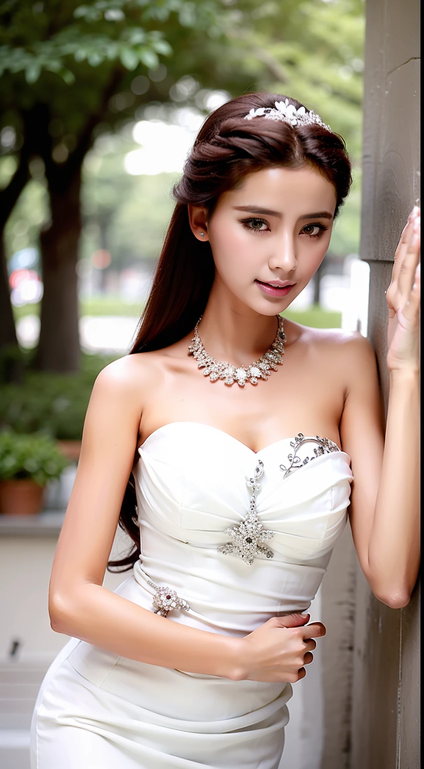 Fashion model 18 years old [[[[closeup cleavage]]]], [[[[boobgasm]]]], [[[[coll]]]], [[[[bshoulders]]]], perfect  eyes, Perfect iris，Perfect lips，perfect teeth，Perfect skin，Long face，slender nose，Soft front light，hdr，Movie girl，on cheongsam，long whitr hair，Long hair with a shawl，Long hair like a waterfall，Green trees and flowers in the background，（pastel colour：1.2）