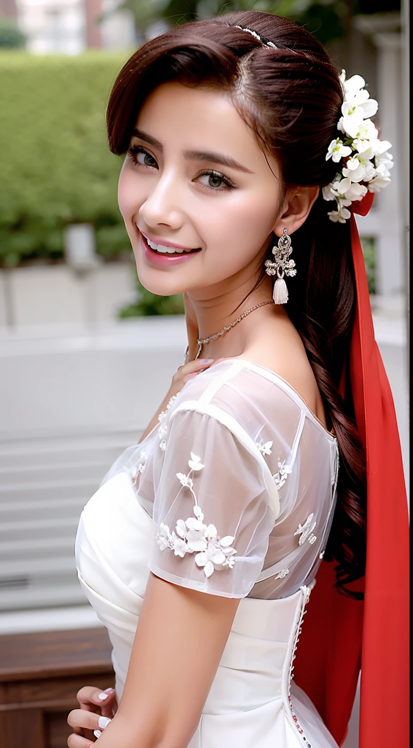 Fashion model 18 years old [[[[closeup cleavage]]]], [[[[boobgasm]]]], [[[[coll]]]], [[[[bshoulders]]]], perfect  eyes, Perfect iris，Perfect lips，perfect teeth，Perfect skin，Long face，slender nose，Soft front light，hdr，Movie girl，on cheongsam，long whitr hair，Long hair with a shawl，Long hair like a waterfall，Green trees and flowers in the background，（pastel colour：1.2）