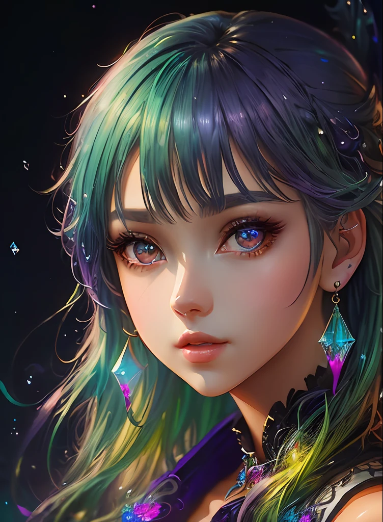 ((top-quality)), ((masterpiece)), ((realisitic)), (detaileds),animesque、anime styled、 (1人の女性)Earrings only accessories、Close up portrait of woman with greenish-purple hair color、Beautiful shining eyes, Like crystal clear glass、Casual sleeveless without collar、Summer clothes、4K high-definition digital art、stunning digital illustration、Stunning 8K artwork、colorfull digital fantasy art、Colorful and bright、beautiful digital works of art、Colorful Digital Anime Art、Portrait of beautiful woman、8K HD Digital Wallpaper Art、 Gorgeous Digital Painting