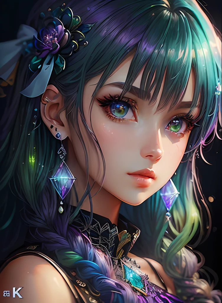 ((top-quality)), ((​masterpiece)), ((realisitic)), (detaileds),animesque、anime styled、 (1人の女性）Earrings only accessories、Close up portrait of woman with greenish-purple hair color、Beautiful shining eyes, Like crystal clear glass、Casual sleeveless without collar、Summer clothes、4K high-definition digital art、stunning digital illustration、Stunning 8K artwork、colorfull digital fantasy art、Colorful and bright、beautiful digital works of art、Colorful Digital Anime Art、Portrait of beautiful woman、8K HD Digital Wallpaper Art、 Gorgeous Digital Painting