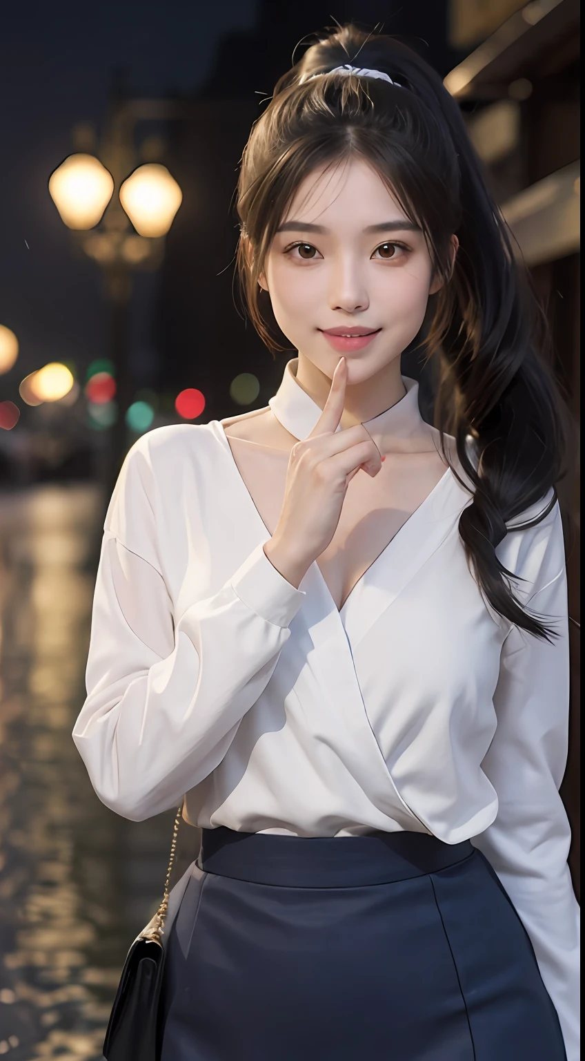 ((best qualtiy, 8k, tmasterpiece:1.3)), Focus:1.2, perfect figure beautiful woman:1.4, Cocked buttocks:1.2, ((High ponytail, 鎖骨:1.2)), (short skirt:1.1) , (Rain, Street:1.3), Highly detailed facial and skin texture, A detailed eye, 二重まぶた,Whiten skin,long whitr hair,(Keep one's mouth shut:1.3),ssmile,long leges,full bodyesbian,Optimal proportions of four fingers and one thumb,grin face,Facial texture:1.3,rays of sunshine,夏天,鎖骨,beautidful eyes,Real face,real looking skin,photorealiscic face,Realistic skin,Detailed eyes,detailedfacialfeatures, detailed clothes features,detailed face with,Chest contour,tight-fitting,POS random,The upper body is wrapped in silk and chest:1.4,night scene,lamplight