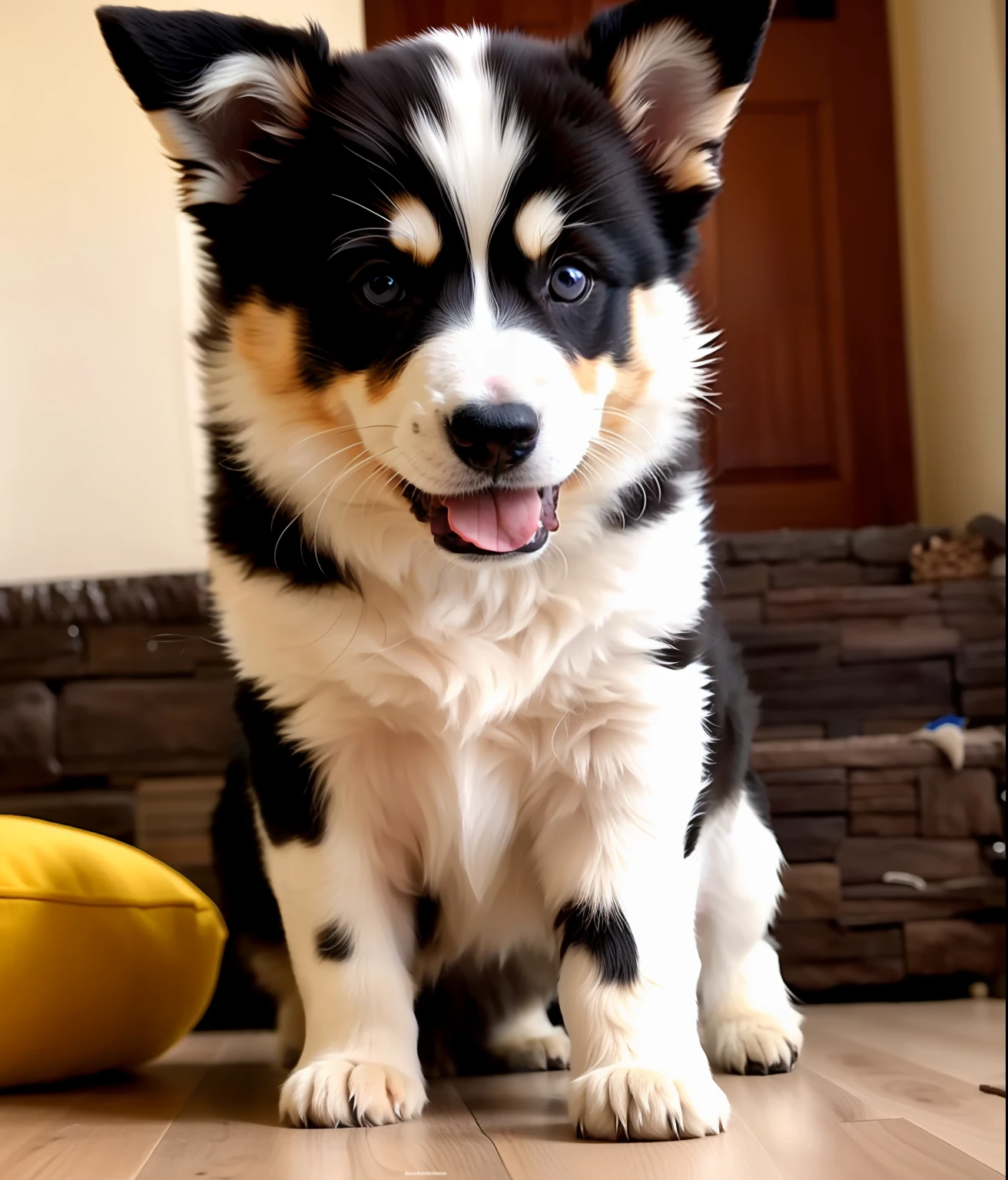 There is a small one blue eye and another brown brown and white puppy sitting on the floor, Mistura Pomeriana, puppy, peludo bonito precisa de sua ajuda, aw, husky, Dog cute, Olhar peruano, an afghan male type, Mistura de Corgi e Doodle, adoptable, Ivan Boliviano, racoon dog, extremamente bonito, border collie, Husky siberiano, quechua!!, animal misto, maximus jacobs