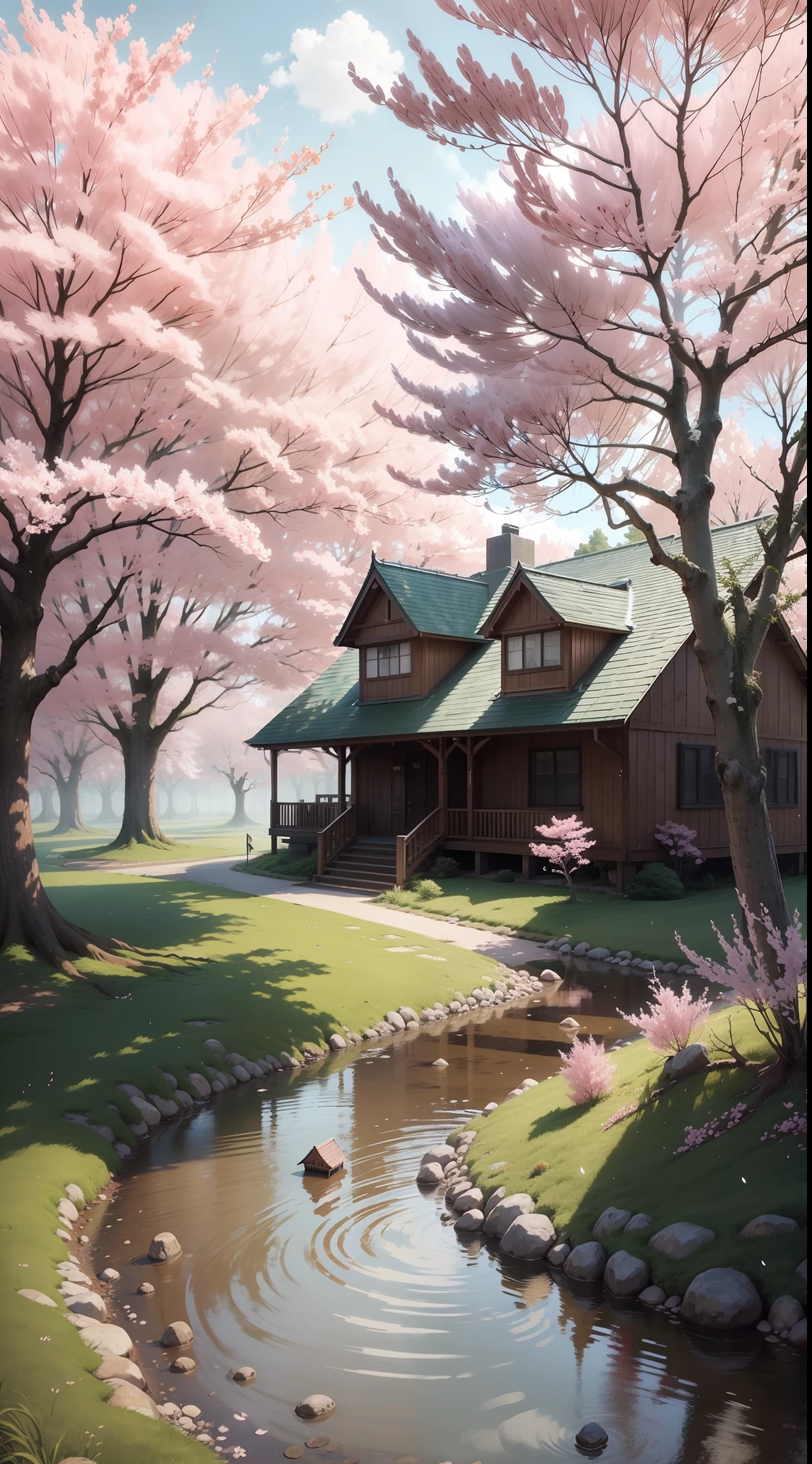 "Anime house in a forest near a river with cherry blossom trees beside it (4k)."
