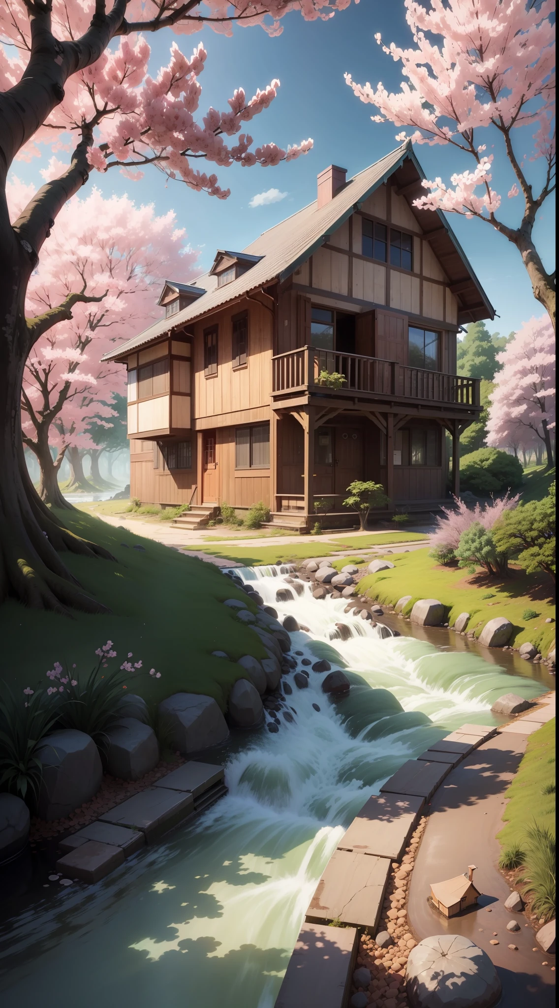 "Anime house in a forest near a river with cherry blossom trees beside it (4k)."