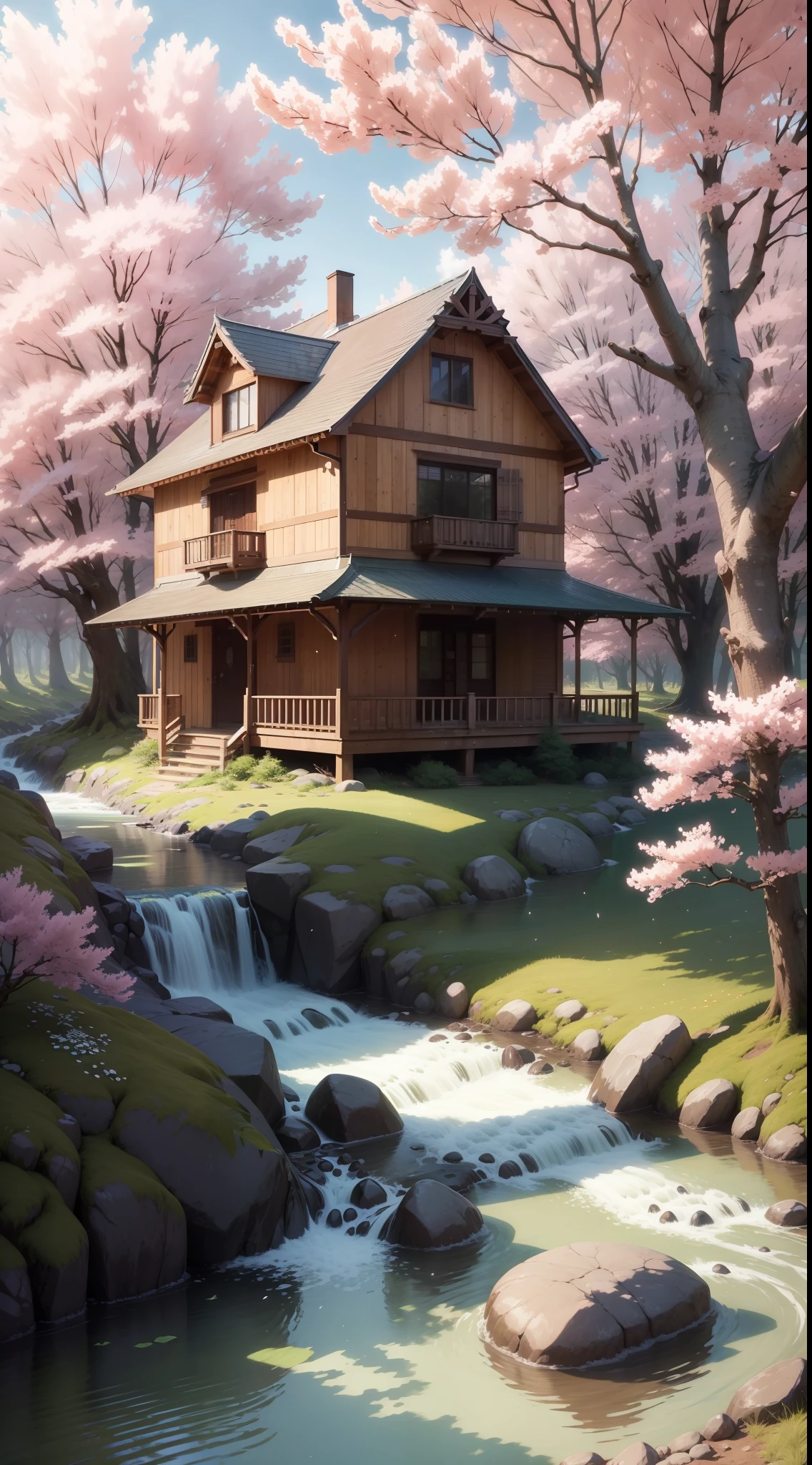 "Anime house in a forest near a river with cherry blossom trees beside it (4k)."