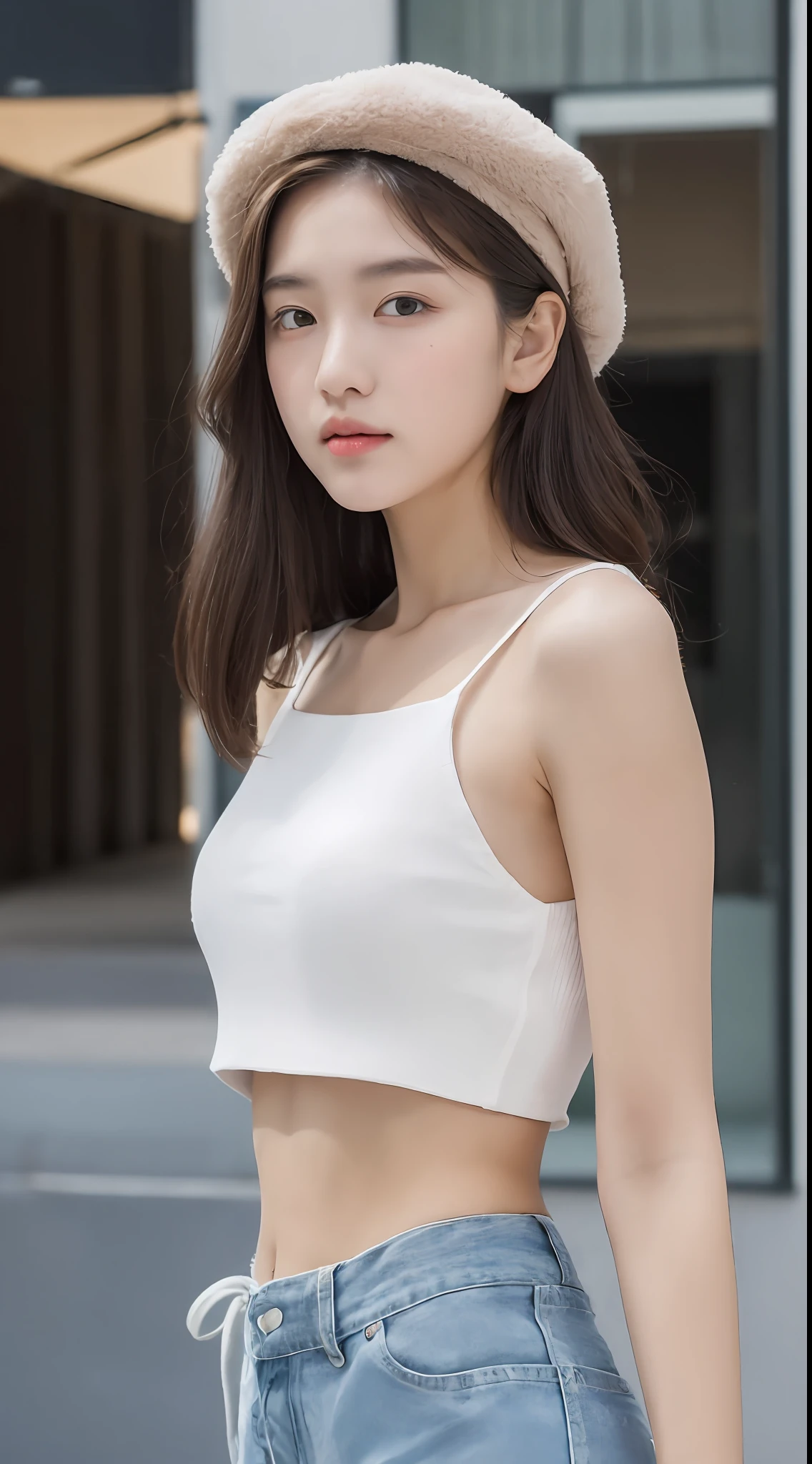 ((Best Quality, 8K, Masterpiece: 1.3)), (Flower Cap: 1.3), Focus: 1.2, Perfect Body Beauty: 1.4, Buttocks: 1.2, (Layered Haircut: 1.2)), (Dark Street: 1.3), Highly Detailed Face and Skin Texture, Full Body, Delicate Eyes, Double Eyelids, Whitened Skin, Long Hair, (Round Face: 1.5), (Loose Crop Top, Shorts: 1.6)