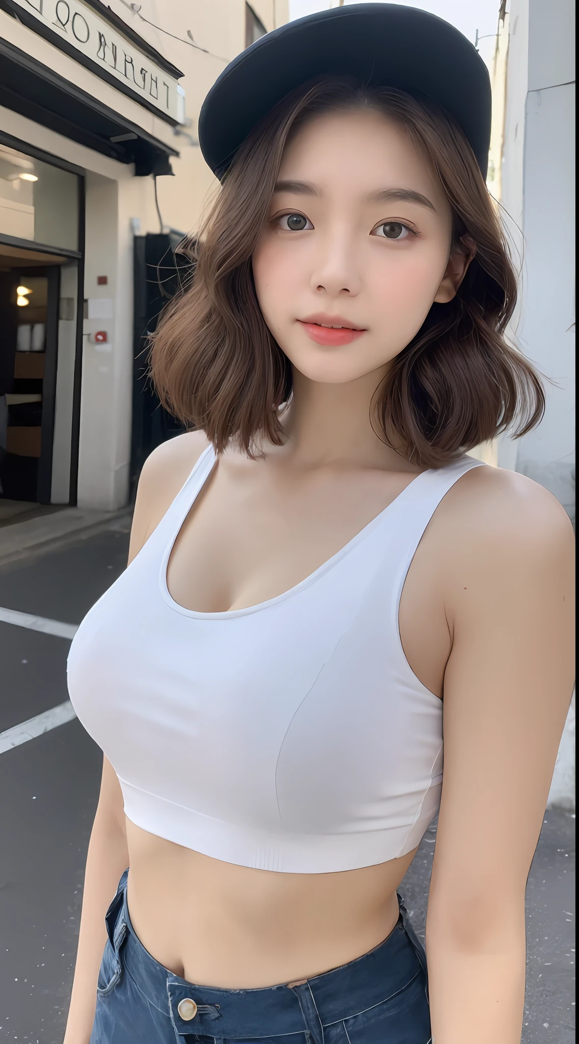 ((Best Quality, 8K, Masterpiece: 1.3)), (Flower Cap: 1.3), Focus: 1.2, Perfect Body Beauty: 1.4, Buttocks: 1.2, (Layered Haircut: 1.2)), (Dark Street: 1.3), Highly Detailed Face and Skin Texture, Full Body, Delicate Eyes, Double Eyelids, Whitened Skin, Long Hair, (Round Face: 1.5), (Loose Crop Top, Shorts: 1.6)
