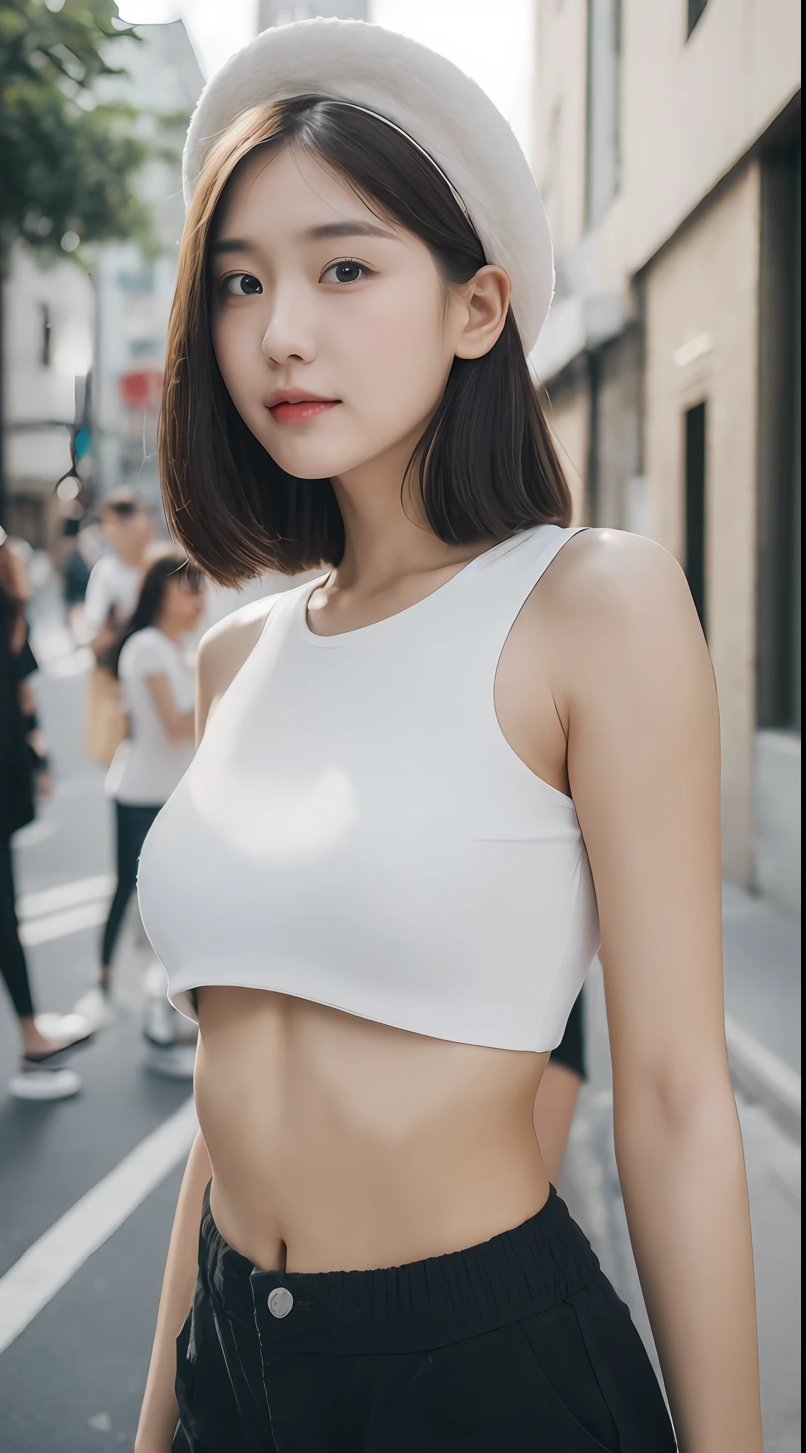 ((Best Quality, 8K, Masterpiece: 1.3)), (Flower Cap: 1.3), Focus: 1.2, Perfect Body Beauty: 1.4, Buttocks: 1.2, (Layered Haircut: 1.2)), (Dark Street: 1.3), Highly Detailed Face and Skin Texture, Full Body, Delicate Eyes, Double Eyelids, Whitened Skin, Long Hair, (Round Face: 1.5), (Loose Crop Top, Shorts: 1.6)