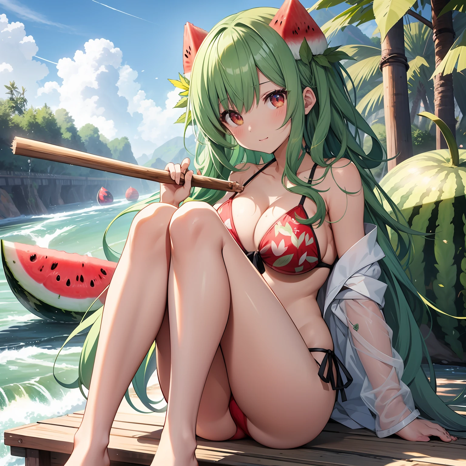 masutepiece、kawaii、high-level image quality、hiquality、realisticlying、 1 人、stright long hair、Green hair、Watermelon print bikini、red eyes、radiant eyes、watermelons、夏天、a river、M-shaped legs、Beautiful soles、Gesture of pinching a stick with a foot、