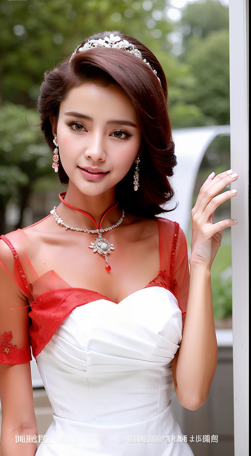 Fashion model 18 years old [[[[closeup cleavage]]]], [[[[boobgasm]]]], [[[[coll]]]], [[[[bshoulders]]]], perfect  eyes, Perfect iris，Perfect lips，perfect teeth，Perfect skin，Long face，slender nose，Soft front light，hdr，Movie girl，on cheongsam，long whitr hair，Long hair with a shawl，Long hair like a waterfall，Green trees and flowers in the background，（pastel colour：1.2）