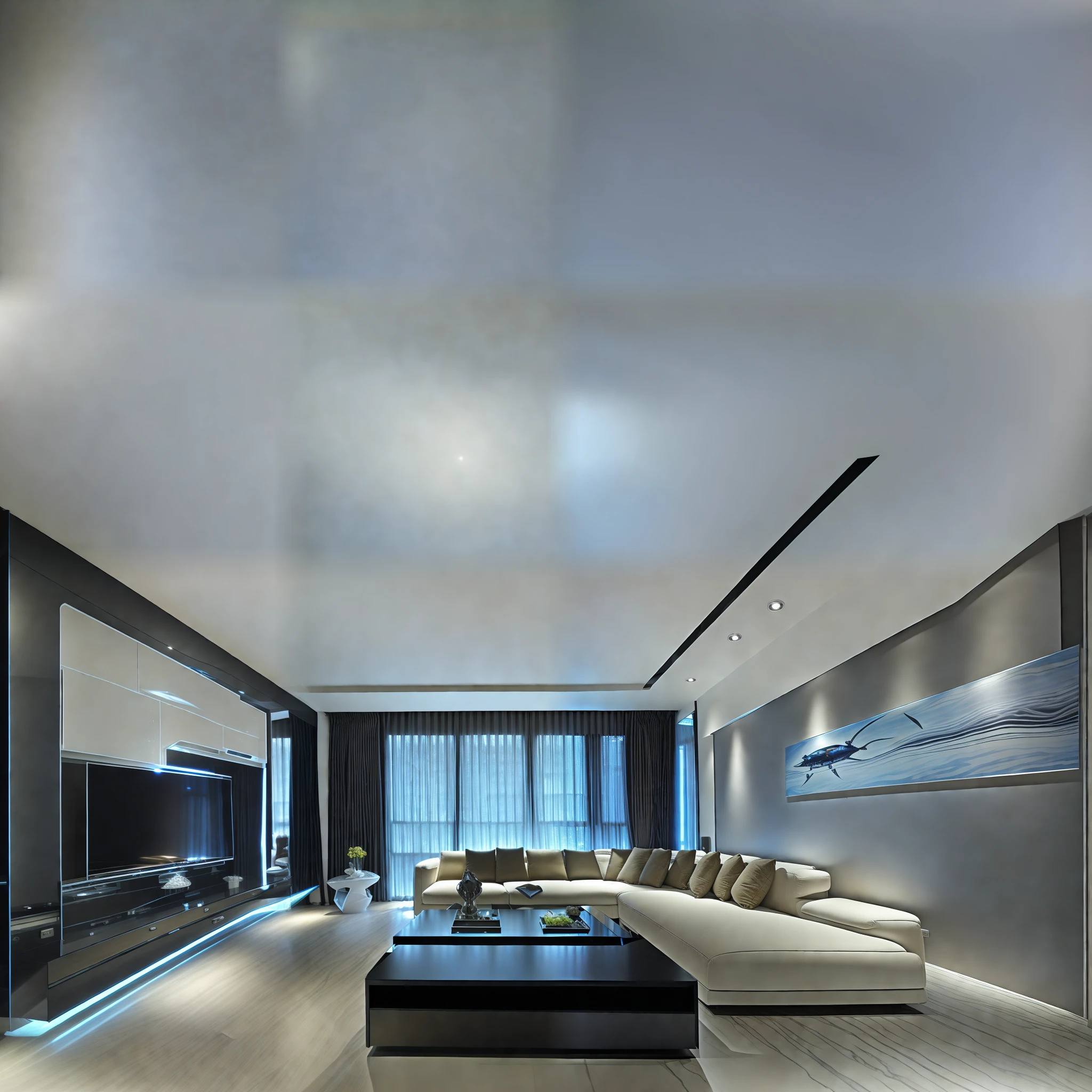Holographic projection of sexy beauty on long white table,Sci-fi style living room,Huge floor-to-ceiling windows,White sofa,huge fish tank,ultra - detailed,Ultra-high resolution,