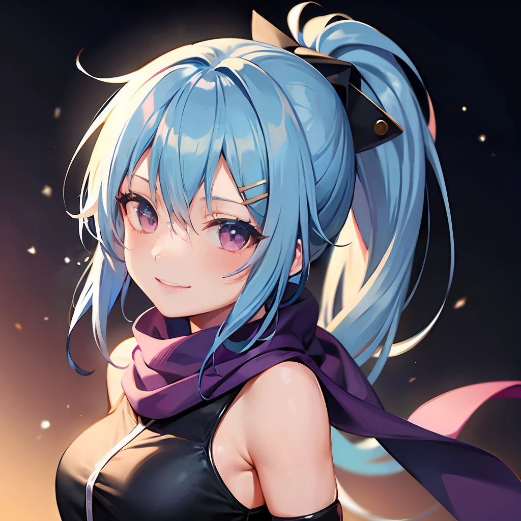 anime girl with blue hair, hair ornament, long hair, solo, hairclip, scarf, blush, ninja, night, ponytail, looking at viewer, purple eyes, smile