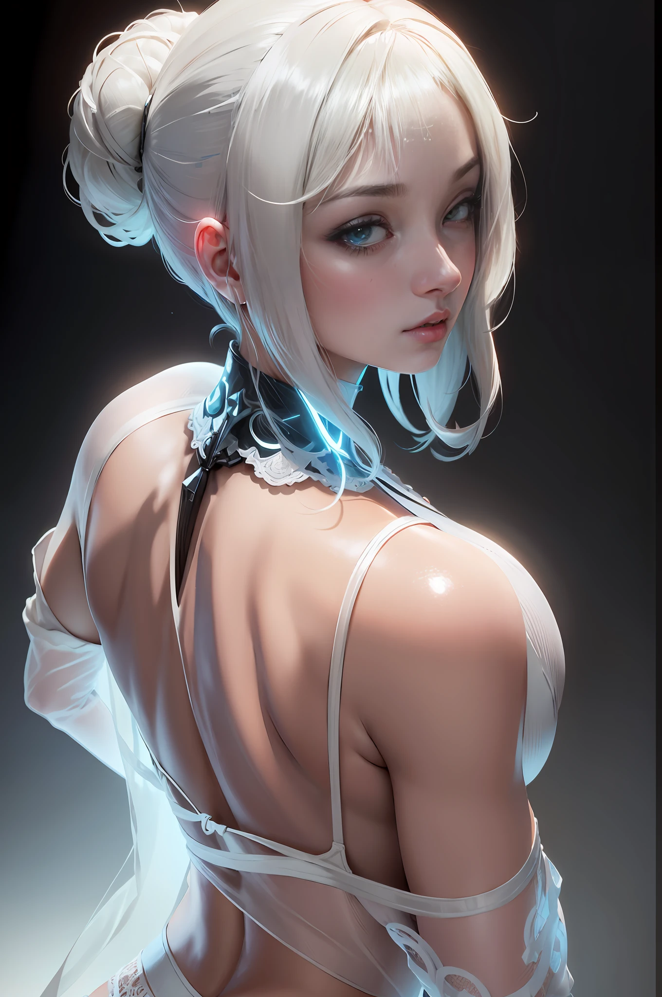 ((best qualtiy)), ((tmasterpiece)), (the detail:1.4), 3D,Front fill light Beautiful cyberpunk female figure,hdr(HighDynamicRange),Ray traching,NVIDIA RTX,Hyper-Resolution,Unreal 5,Subsurface scattering、PBR Texture、post-proces、Anisotropy Filtering、depth of fields、maximum definition and sharpness、Many-Layer Textures、Albedo e mapas Speculares、Surface coloring、Accurate simulation of light-material interactions、perfectly proportions、rendering by octane、Two-colored light、largeaperture、Low ISO、White balance、the rule of thirds、8K raw data、Raised translucent top, Smaller top, Smaller white lace shorts, Raised, Mature feminization, Flattering eyes, White lace translucent top,Flat bare lower abdomen snow-white thigh white lace stockings