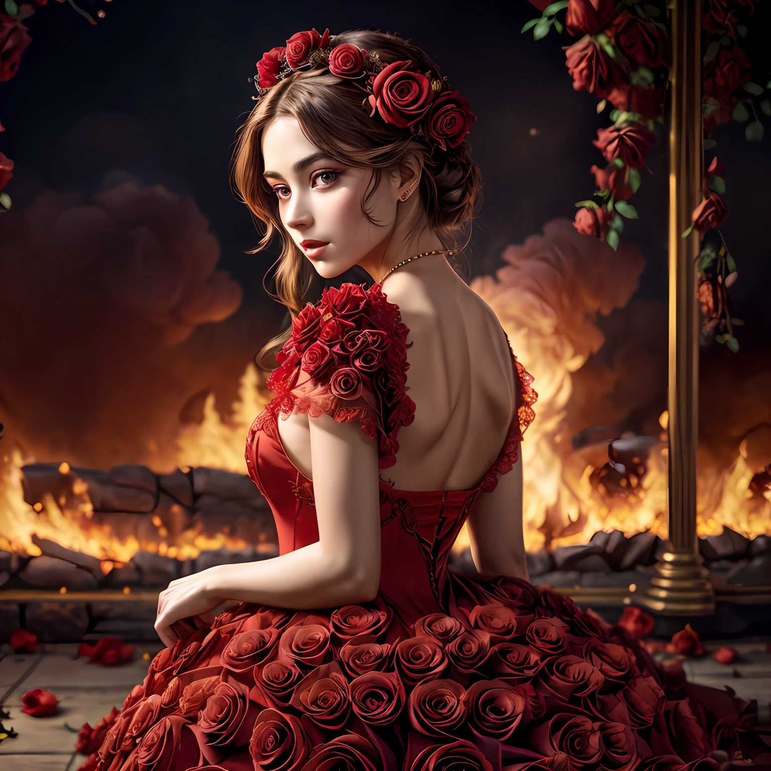 best quality ,masterpiece, illustration, an extremely delicate and beautiful, extremely detailed ,CG ,unity ,8k wallpaper, Amazing, finely detail, masterpiece, best quality, official art, extremely detailed CG unity 8k wallpaper, ultra-detailed, highres, extremely detailed, ((1girl holding a beautiful detailed (red rose))), extremely detailed petals, droplets on petals, refraction, glaring, depth of field, ((large fire across the background)), red dress on fire, garland of roses, hair piece with roses, perfect face, perfect anatomy, beautiful features, beautiful eyes, well proportioned