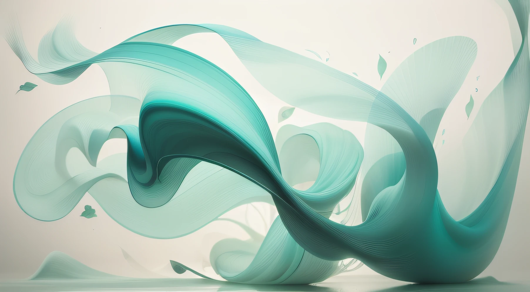 there is a white flower with green leaves on a gray background, silk flowing in wind, organic flowing background, interacte smooth flowing lines, beautiful brush stroke rendering, flowing aqua silk, Flowing realistic fabric, abstract cloth simulation, flowing material, sleek flowing shapes, soft digital painting, soft organic abstraction, flowing teal-colored silk, glossy digital painting