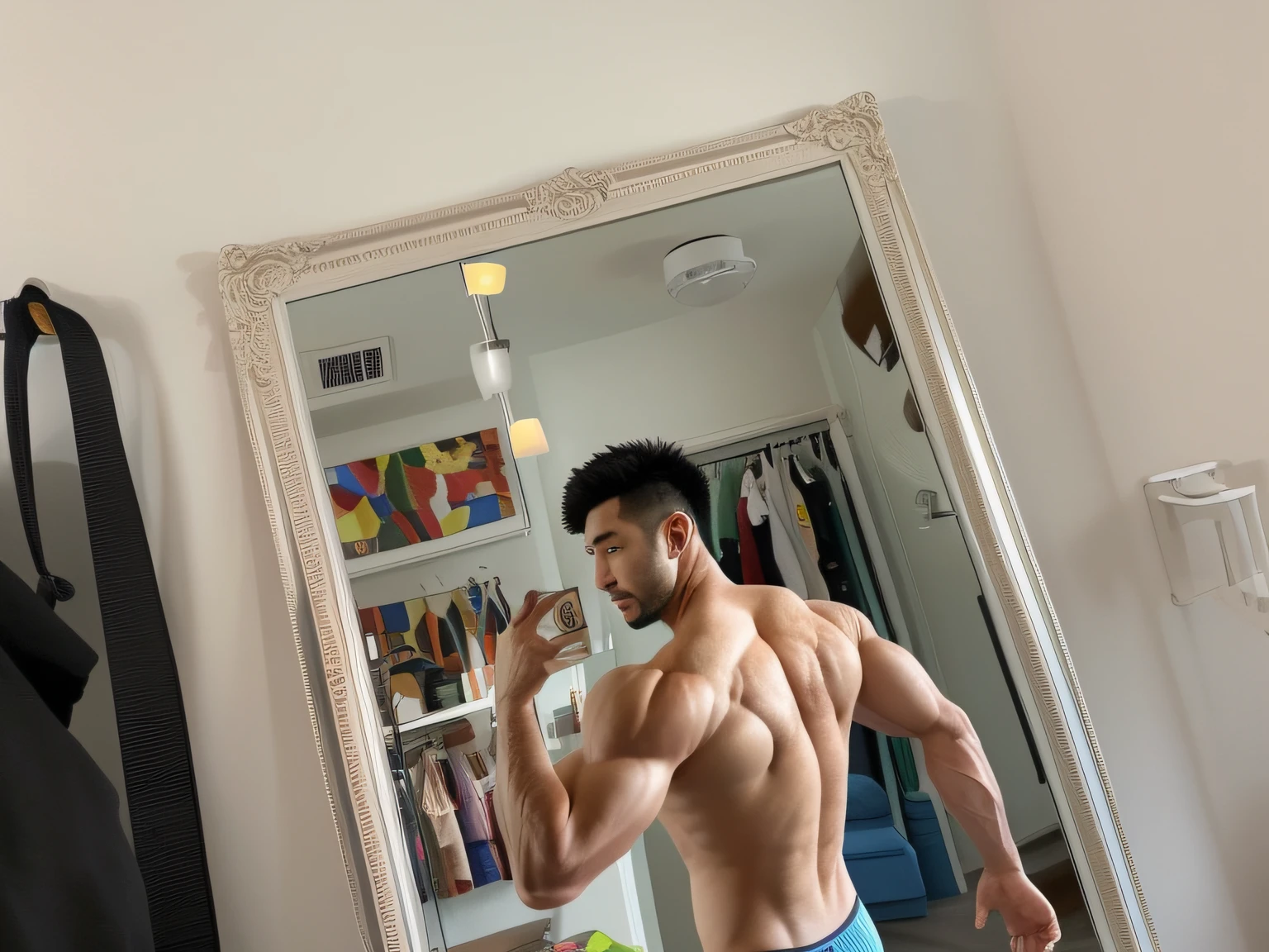 there is a man that is taking a picture of himself in the mirror, in full growth from the back, in full growth from the back, The shoulders can be seen, fit pic, 2 7 years old, 2 8 years old, korean muscle boy 2 1 years old, 2 3 years old, 2 9 years old, 2 2 years old, from back, posing and flexing