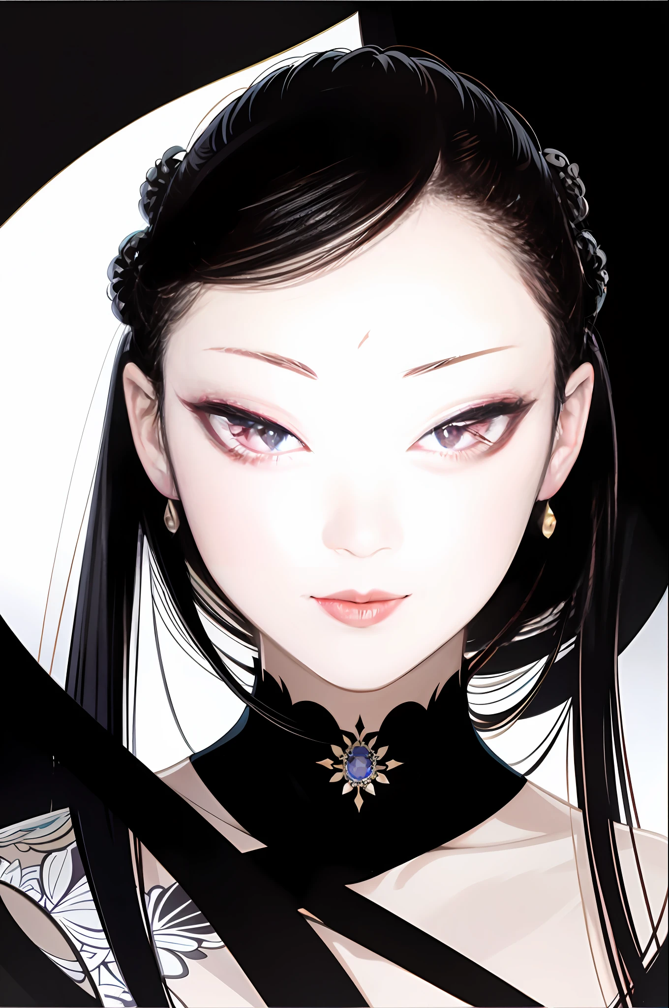 tsuruta ichiro, Narrow-eyed, 1girl in, Dynamic angles、Luxurious dresses,deadpan、short-hair、shorth hair、brow、Reluctance、A dark-haired、Tucked Hair Solo, ((mideum breasts)), ( Thin slit eyes)、Black eyes, Light shines on the eyes、Black hair, gloves, Dress,  Luxurious Jewelry, earrings, sharp eye、 elbow groves,random color, random color dress,  Makeup for long eyes, (Slender eyes)、lip stick, Rim Light, Back Light, pastel color,Studio Lighting,unity 8k wall paper、ultra-detailliert、Beautifully Aesthetic、​masterpiece、top-quality、(Zentangle、a Mandala、Tangles、Tangles)、ighly detailed、The most beautiful forms、elegent、Vibrant colors、