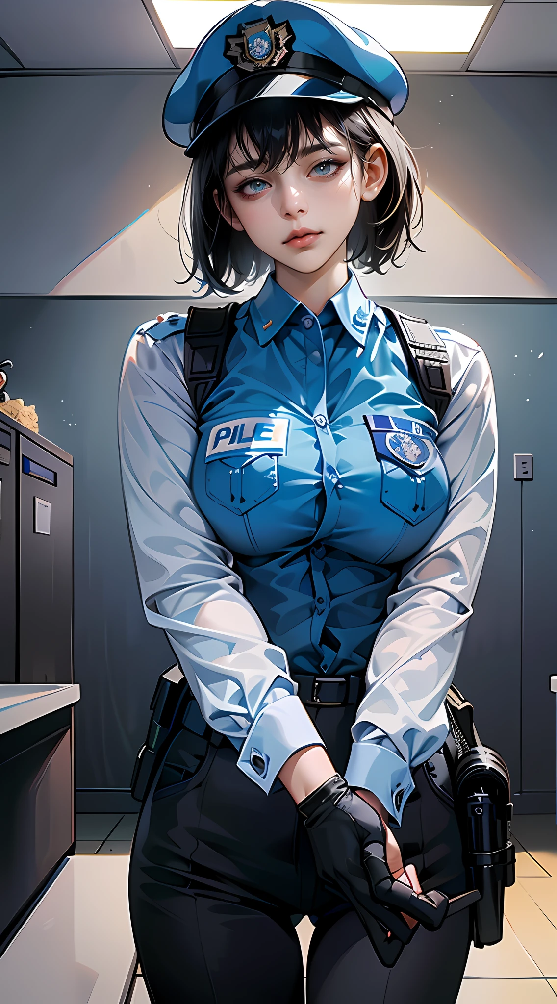 (tmasterpiece,A high resolution,ultra - detailed:1.0),1 girl,Beautiful girl,Perfect female body, (policewoman:1.3), Delicate eyes and delicate face,Extremely detailed CG,Unity 8k wallpaper,Complicated details, color difference, Depth of field,dramatic shadow, Ray tracing, Best quality, Cinematic lighting, Movie Angle,offcial art, solo person, Detailed face, (Short black hair, police uniform, serious expression, wearing a police cap),Police station, indoor, interrogation room,half body