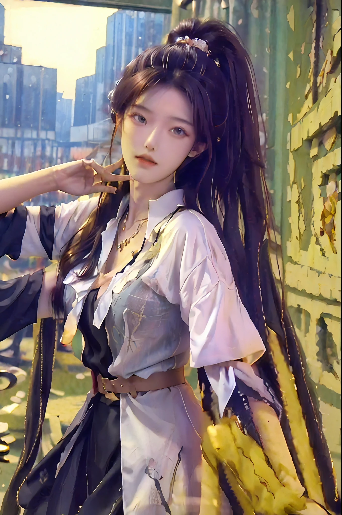 (Best quality, High resolution, Masterpiece :1.3), A tall and pretty woman, Slender abs, Dark brown hair styled in loose waves, Breasts, Wearing pendant, White button up shirt, Belt, Black skirt, (Modern architecture in background), Details exquisitely rendered in the face and skin texture, Detailed eyes, Double eyelid