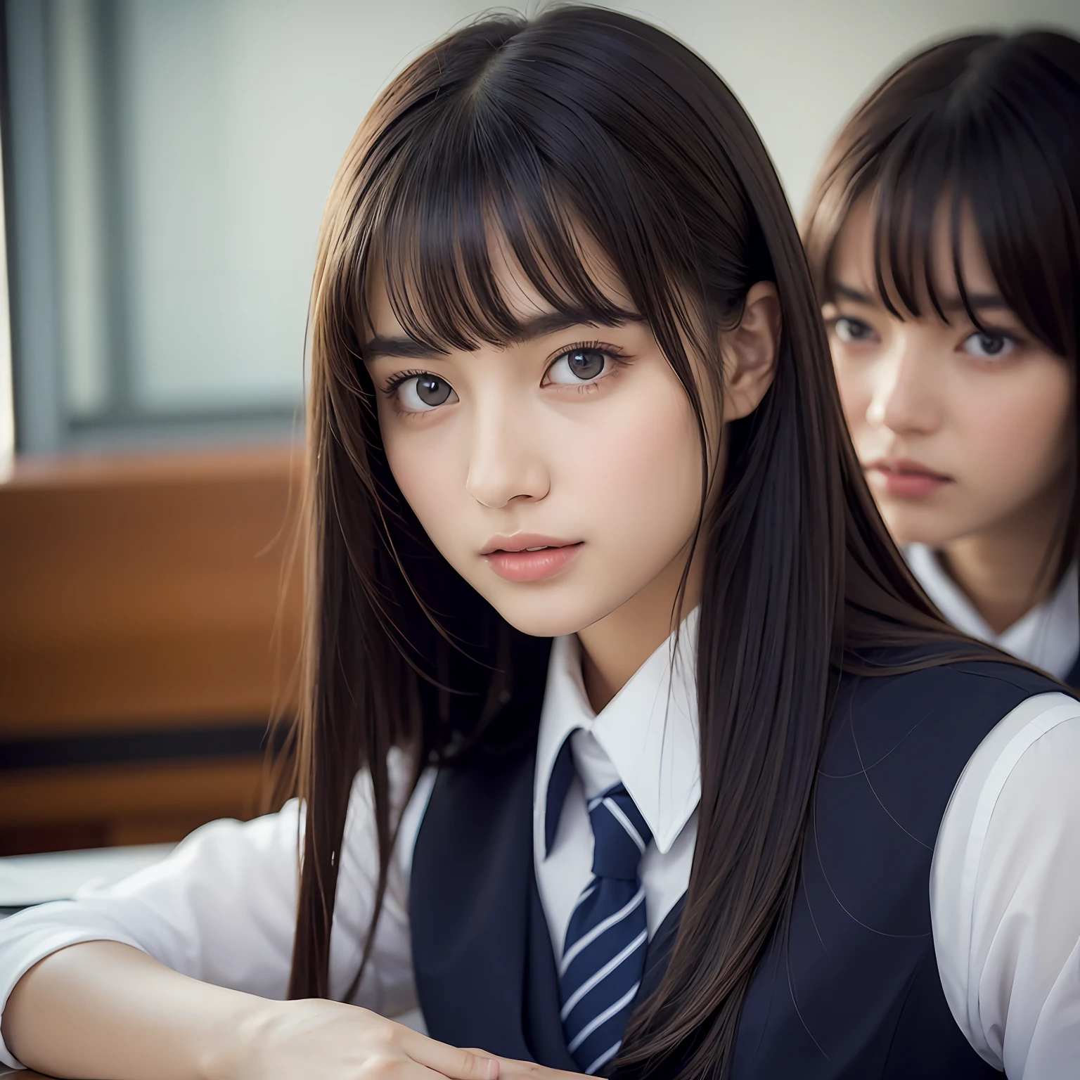 8K, Best Quality, 1girl, (skindentation), Morning, (Bright), Blurred background, Indoors, (Street:0.6), (People), Beautiful Bangs, Gorgeous,, (Dress, Uniform:1.3),Soft Lighting, Attractive, Classroom,School, Desk,Chair ,White Light, (closed mouth:1.2, beautiful eyes, detailed eyes, detailed iris, beautiful lips, beautiful nose, beautiful face)