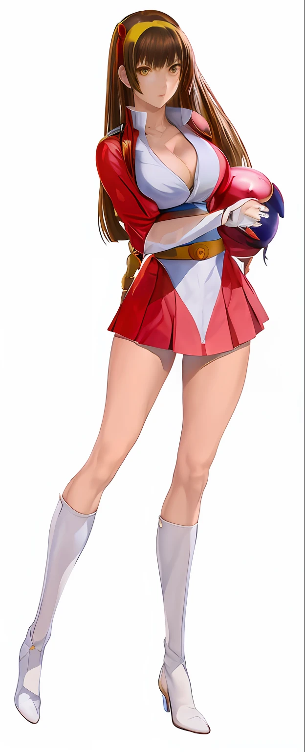 Bangs are okappa、Appears to emphasize cleavage、Color scheme design of the original image、Simple Hair Band、Yellow Hair Ribbon、Original image attire design、Realistic woman in red and white uniform, King of Fighters character, mai shiranui, chun li, portrait knights of zodiac girl, Chun-li, chun - li, marin kitagawa fanart, Misato Katsuragi, knights of zodiac girl, cushart krenz key art feminine, ikki tousen, hq artwork、high-level image quality、The eyes are large、Big balanced eyes