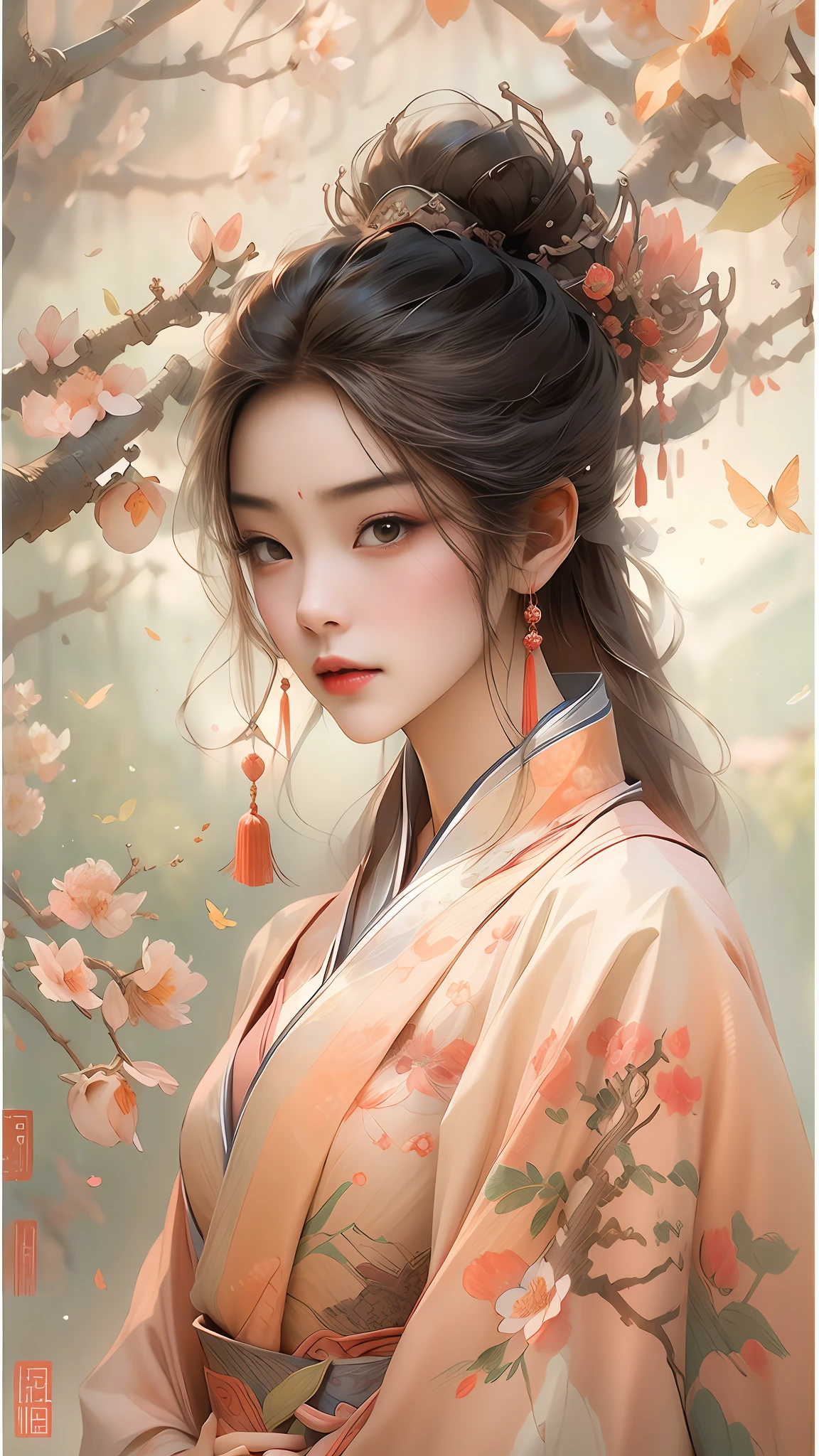Beautiful Chinese girl,Hold a round fan,Stand under a peach blossom tree,The face is filled with sorrow,Background with:A corner of Hangzhou city。Drawn by Zao Wou-Ki - Niji5