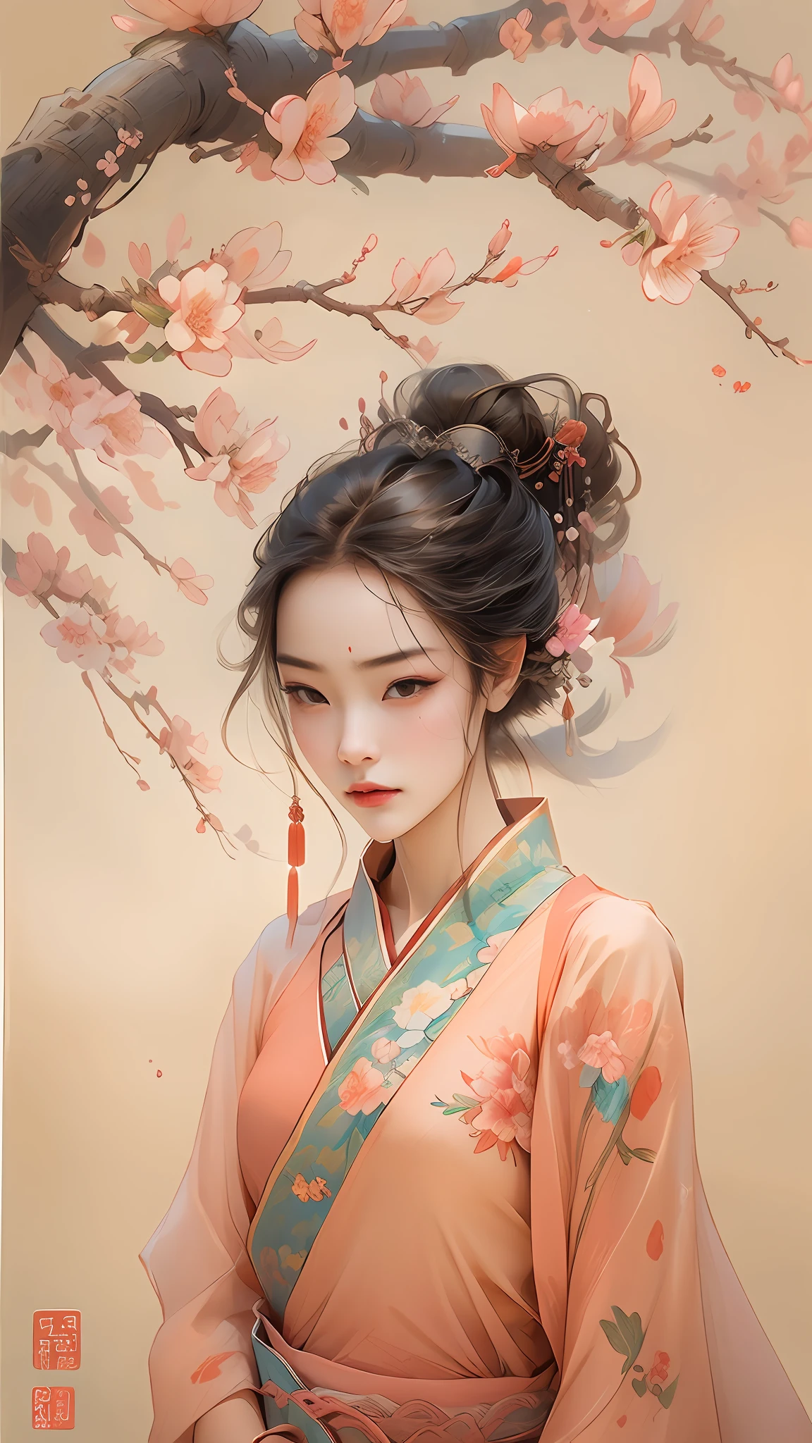 Beautiful Chinese girl，Hold a round fan，Stand under a peach blossom tree，The face is filled with sorrow，Background with：A corner of Hangzhou city。Drawn by Zao Wou-Ki - Niji5