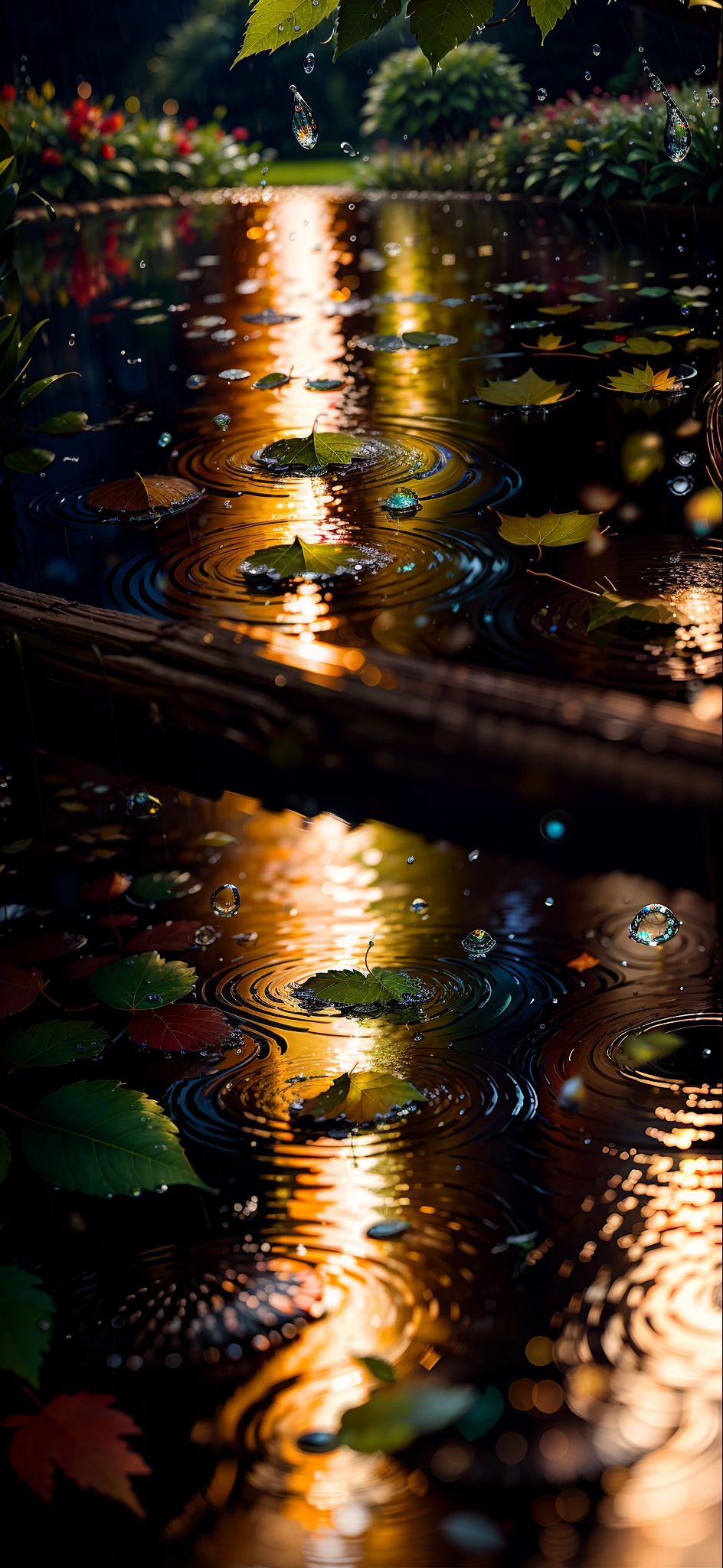 Picture of leaves and raindrops, Romantic landscape style, canon eos 5d mark iv, Sunny impressionism, sparkling water reflections, high quality photo --ar 2:3 --v 5