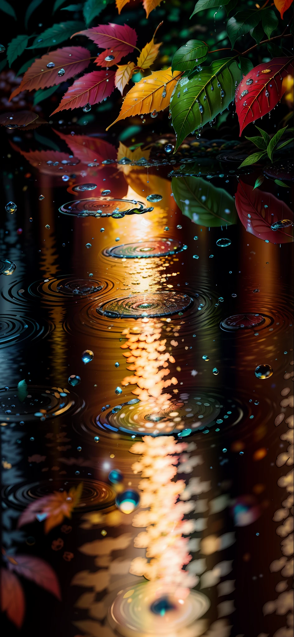Picture of leaves and raindrops, Romantic landscape style, canon eos 5d mark iv, Sunny impressionism, sparkling water reflections, high quality photo --ar 2:3 --v 5