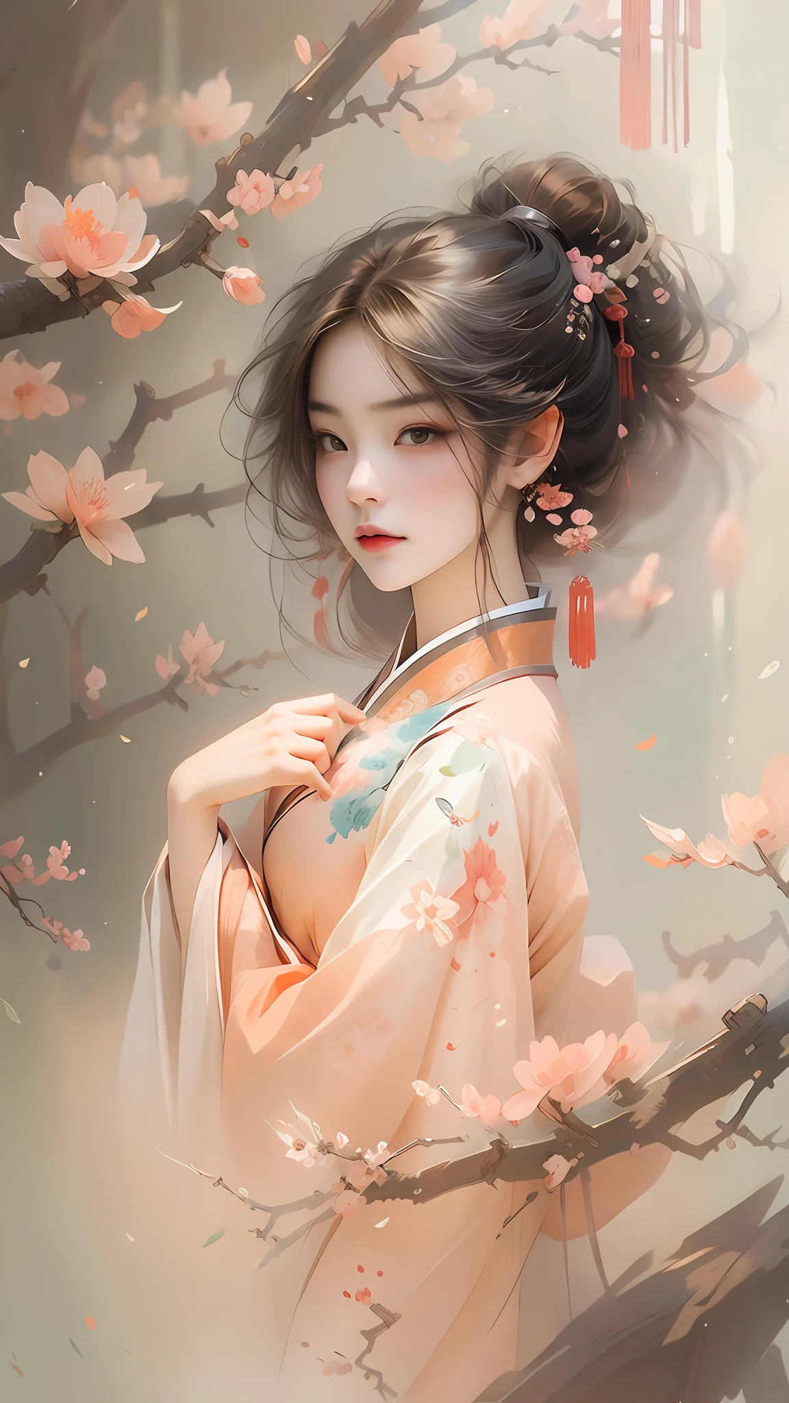 Beautiful Chinese girl,Hold a round fan,Stand under a peach blossom tree,The face is filled with sorrow,Background with:A corner of Hangzhou city。Drawn by Zao Wou-Ki - Niji5