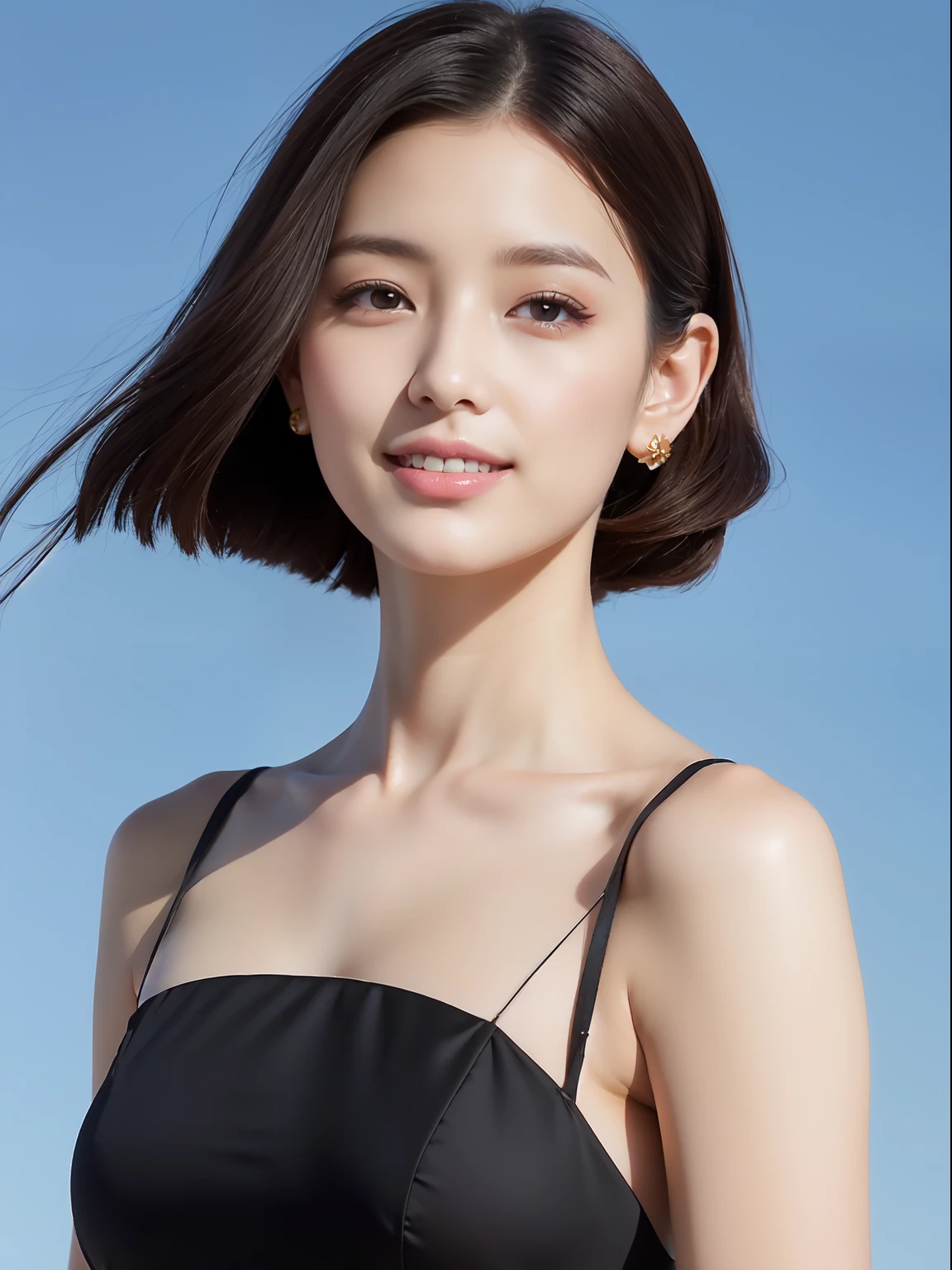 there is an ancient palace next to the girl,An extremely delicate and beautiful girl,realisticlying,Incredibly absurd,abstract artistic,From hips to shoulders,catch,Extremely detailed body,woman,年轻,20yr old,Short black Hong Kong style hair,,Floating hair,Light brown hair,Bi-tone hair,Beautiful fine hair,exquisite and beautiful face,light smile,Clear eyes,parted_lips, Black colored eyes,neck_ribbon,frilled_dress,Noble cheongsam,beautiful and clear background,beautiful sky,full bloom,very precise detail,absurderes,Extremely CG,