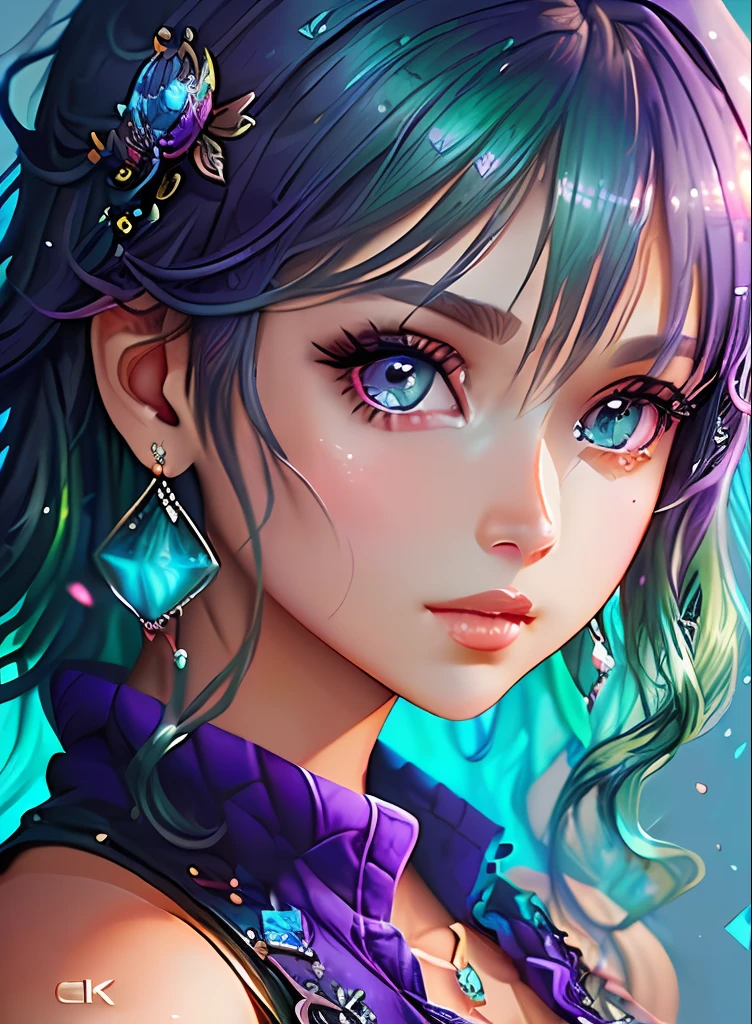 ((top-quality)), ((​masterpiece)), ((realisitic)), (detaileds),animesque、anime styled、 (1人の女性）Earrings only accessories、Close up portrait of woman with greenish-purple hair color、Beautiful shining eyes, Like crystal clear glass、Casual sleeveless without collar、Summer clothes、4K high-definition digital art、stunning digital illustration、Stunning 8K artwork、colorfull digital fantasy art、Colorful and bright、beautiful digital works of art、Colorful Digital Anime Art、Portrait of beautiful woman、8K HD Digital Wallpaper Art、 Gorgeous Digital Painting