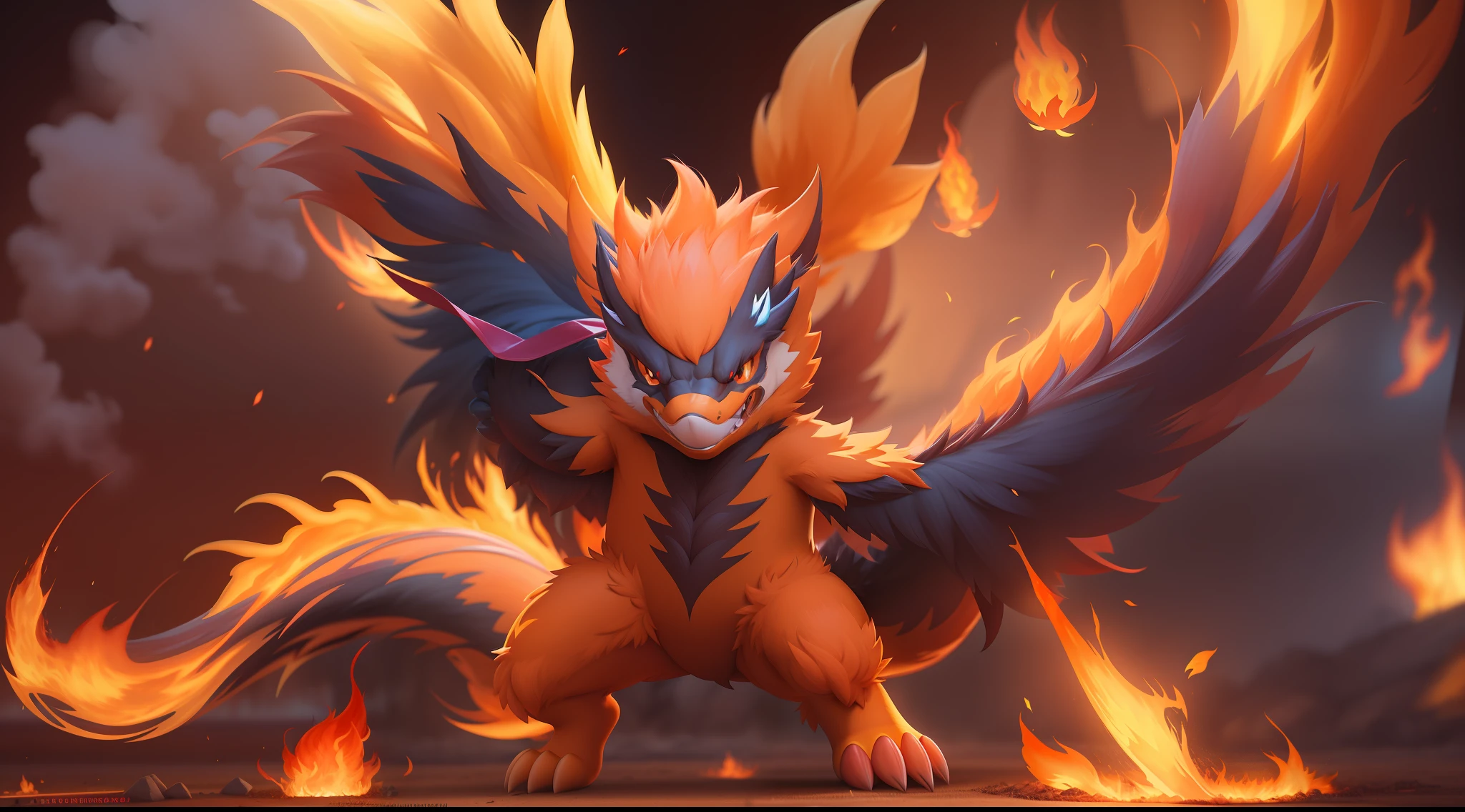 create a new style of big fire Pokémon monster character with two flaming tails digital art masterpiece 4k