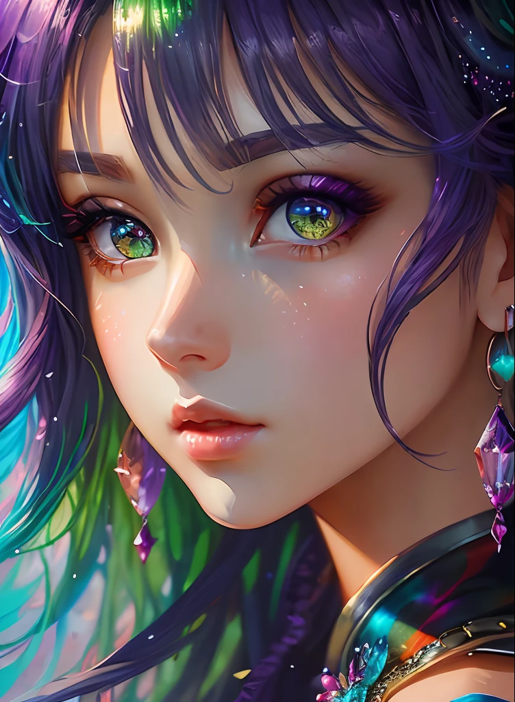 ((top-quality)), ((​masterpiece)), ((realisitic)), (detaileds),animesque、anime styled、 (1人の女性）Earrings only accessories、Close up portrait of woman with greenish-purple hair color、Beautiful shining eyes, Like crystal clear glass、Casual sleeveless without collar、Summer clothes、4K high-definition digital art、stunning digital illustration、Stunning 8K artwork、colorfull digital fantasy art、Colorful and bright、beautiful digital works of art、Colorful Digital Anime Art、Portrait of beautiful woman、8K HD Digital Wallpaper Art、 Gorgeous Digital Painting