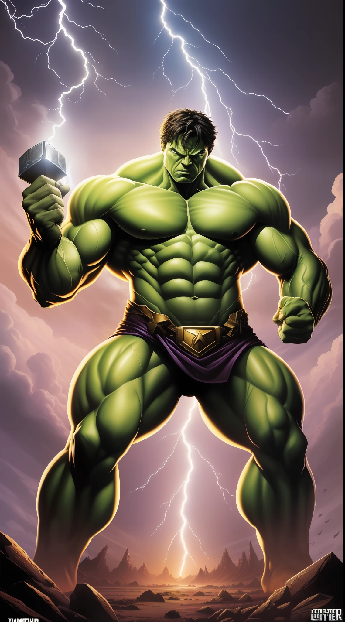 ((impresionante obra maestra)), (Ultra resolution 8K), The best illustration,((obra maestra sin antecedentes)), Epic illustration of Hulk dressed as Thor thunder days, Hulk con armadura de Thor, martillo Mjolnir. de Thor, capa roja, Very well detailed comic book masterpiece, Lightning thunder and lightning, Hetera illustration, Epic lighting, agregar efecto al final de la obra