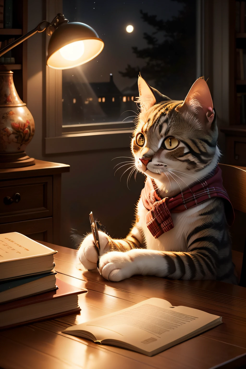 The cat holds a thin pen with its paws