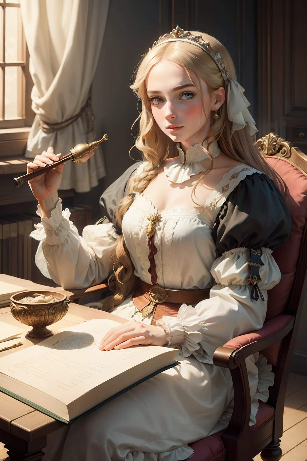 Draw me a painting in the style of the Renaissance, featuring a 20-something European noblewoman with fair skin wearing courtly attire and holding a pipe in her left hand. She is seated on a chair near the window, which is open with white curtains billowing in the sunlight streaming into the room. On the windowsill lies a cat, and on the table are feathers and an open book.