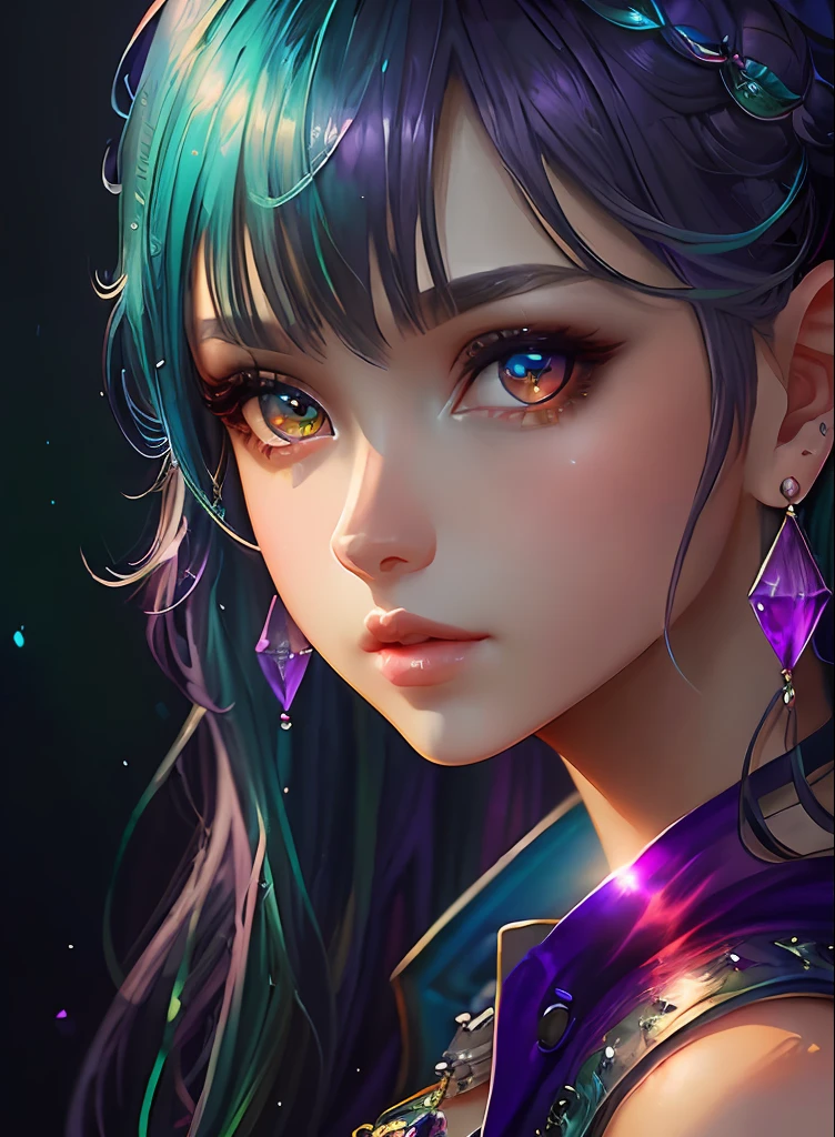 ((top-quality)), ((masterpiece)), ((realisitic)), (detaileds),animesque、anime styled、 (1人の女性)Earrings only accessories、Close up portrait of woman with greenish-purple hair color、Beautiful shining eyes, Like crystal clear glass、Casual sleeveless without collar、Summer clothes、4K high-definition digital art、stunning digital illustration、Stunning 8K artwork、colorfull digital fantasy art、Colorful and bright、beautiful digital works of art、Colorful Digital Anime Art、Portrait of beautiful woman、8K HD Digital Wallpaper Art、 Gorgeous Digital Painting