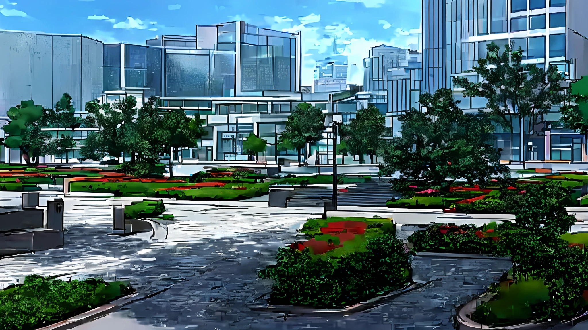 There is a drawing of a city square,The background is a building, anime style cityscape, anime scene, Anime landscape concept art, town center background, Anime landscapes, random background scene, anime scene, hd anime cityscape, realistic establishing shot, Anime background art, sharp focus ilustration hq, beautiful anime scenery