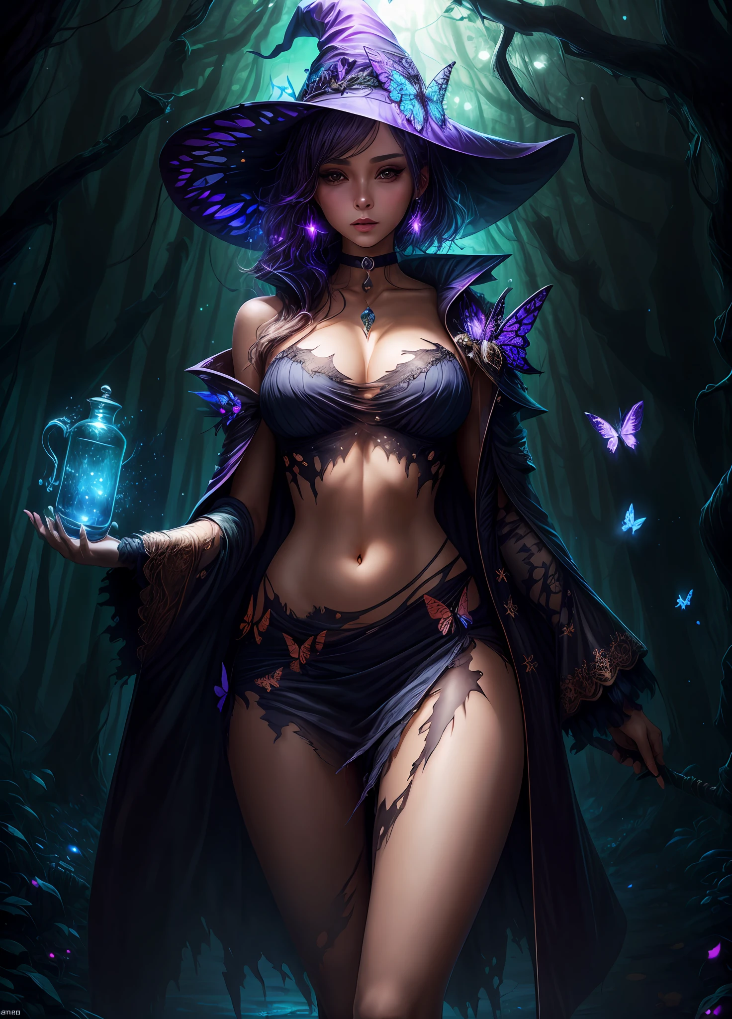 sexy full shot body photo of the most beautiful artwork in the world, illustration, cinematic light, fantasy, highres, highest quallity, ultra detailed, best quality, masterpiece, (detailed face), sexy mature woman wears a shirt and (torn) fullbody (transparent galaxy) cloths coat, floating cloth, choker, glowing (elder underworld fantasy) forest plants with neon details, open shoulders, tiny glowing butterfly, hair jewery, wearing a torn witch hat, (focus on body:1.25), night, small mutated animals in background, torn mini skirt ,a potion on hip, shoulder pads emitting magic energy, cameltoe, dark, light reflection