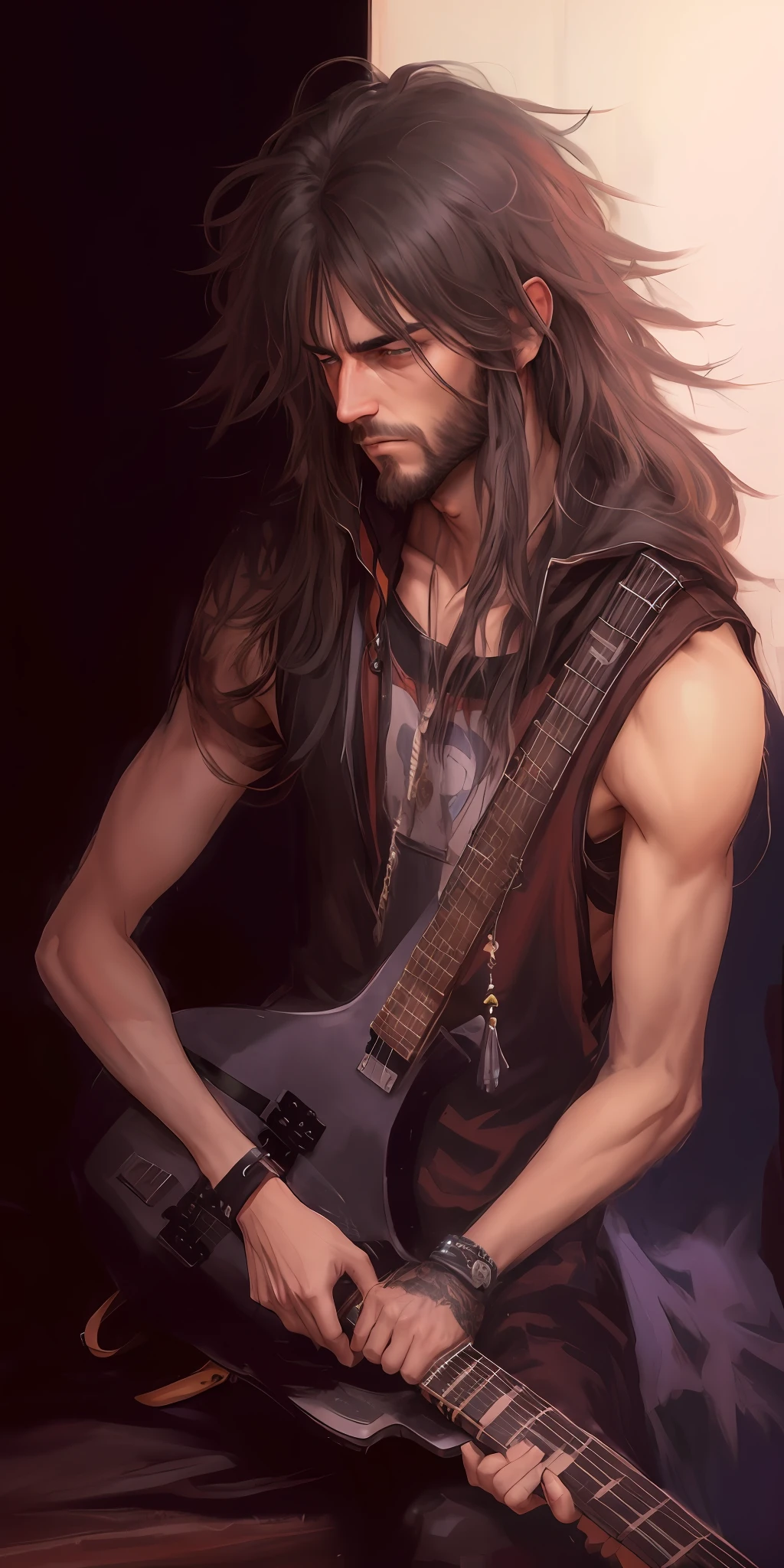 Image of a man with a guitar in his hands, Johnny Silverhand,olhos detalhdos Barba grande e descuidada, Guitarrista barbudo, por Shitao, inspirado em Ren Bonian, por Yang J, roqueiro de cabelos longos e desgrenhados, um bardo humano, fan art, fanart detalhado, Art not Guweiz style, Fanart, Directed by: Ni Yuanlu