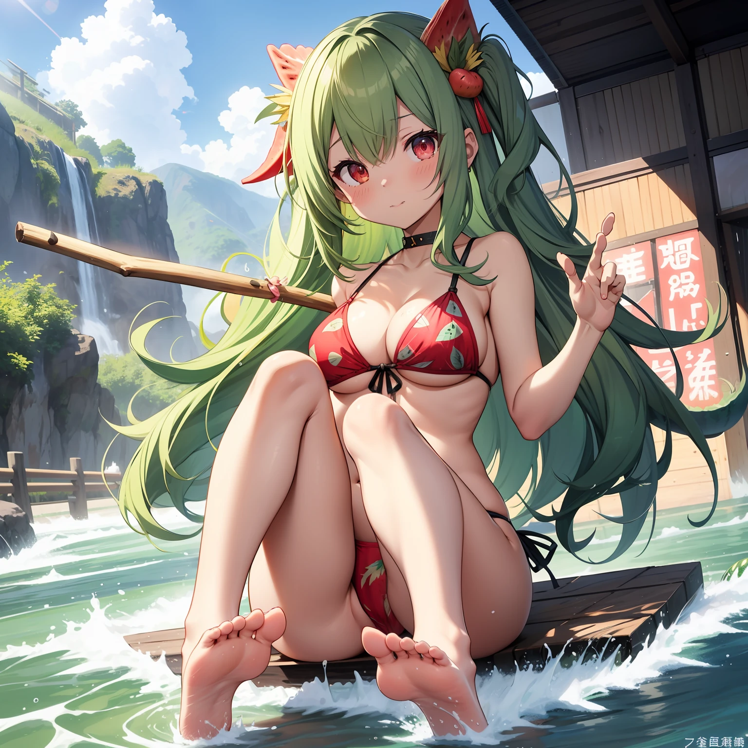 masutepiece、kawaii、high-level image quality、hiquality、realisticlying、 1 人、stright long hair、Green hair、Watermelon print bikini、red eyes、radiant eyes、watermelons、夏天、a river、M-shaped legs、Beautiful soles、Gesture of pinching a stick with a foot、Sensually、Ecchini