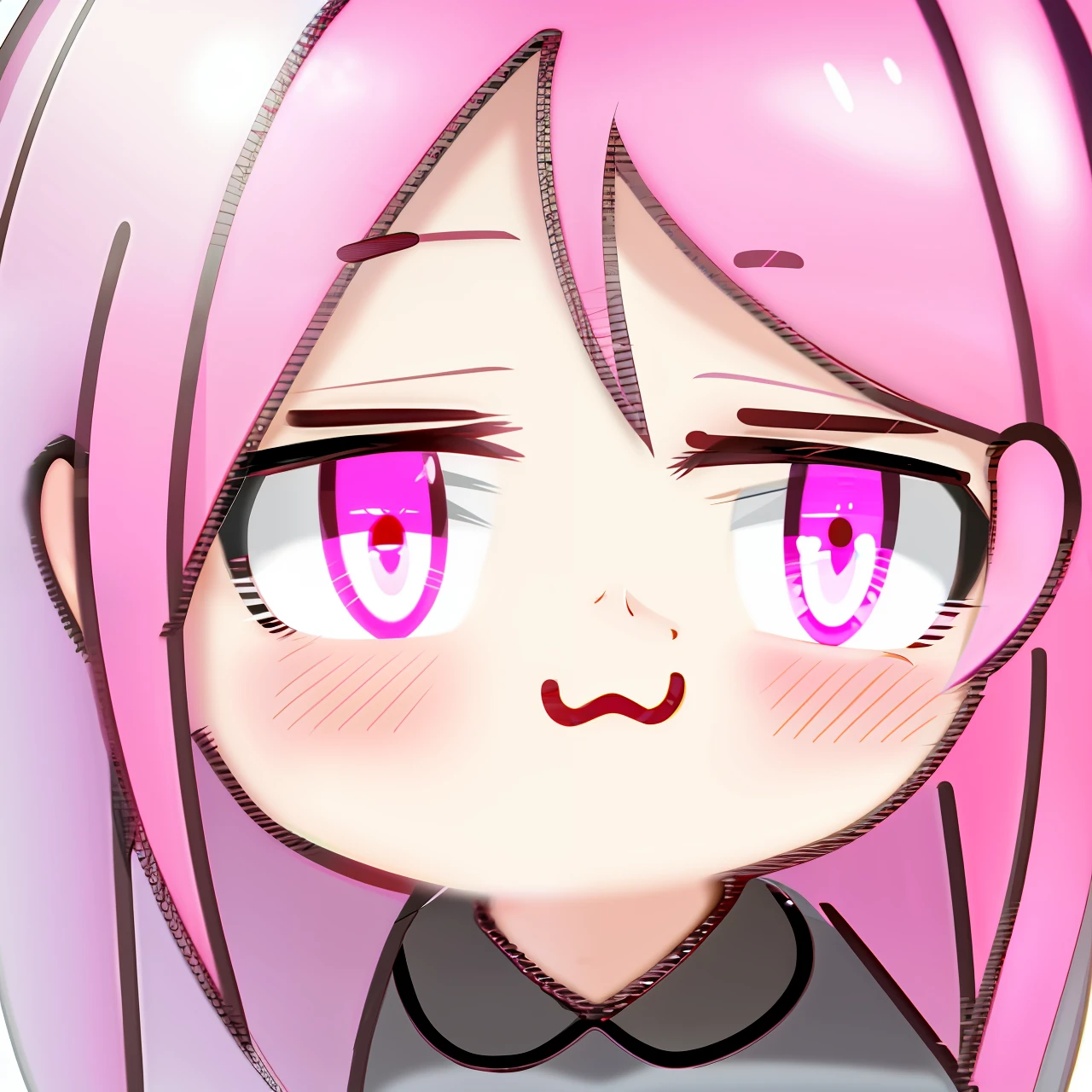 Cartoon girl with pink hair and black dress with red eyes, cute anime face, Kawaii face, flat anime style shading, Anime face, Cute natural anime face, extremely cute anime girl face, slightly happy facial expression, in an anime style, Sakura Haruno, Perfect anime face, she has a cute expressive face, Detailed anime soft face, Bored expression