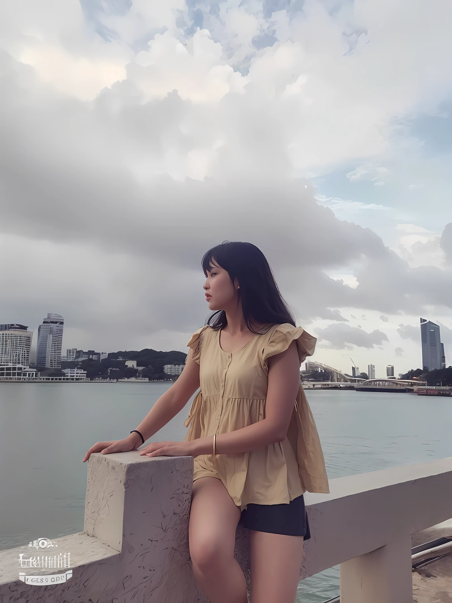 araffe woman standing on a ledge near the water, taken with sony alpha 9, shot with sigma f / 4. 2, shot on leica sl2, shot with sigma f/ 4.2, photo taken with canon 5d, shot with hasselblade camera, shot with iphone 1 0, near a jetty, set on singaporean aesthetic