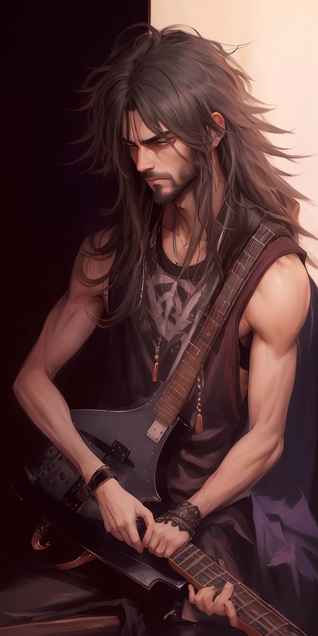 Image of a man with a guitar in his hands, Johnny Silverhand,olhos detalhdos Barba grande e descuidada, Guitarrista barbudo, por Shitao, inspirado em Ren Bonian, por Yang J, roqueiro de cabelos longos e desgrenhados, um bardo humano, fan art, fanart detalhado, Art not Guweiz style, Fanart, Directed by: Ni Yuanlu