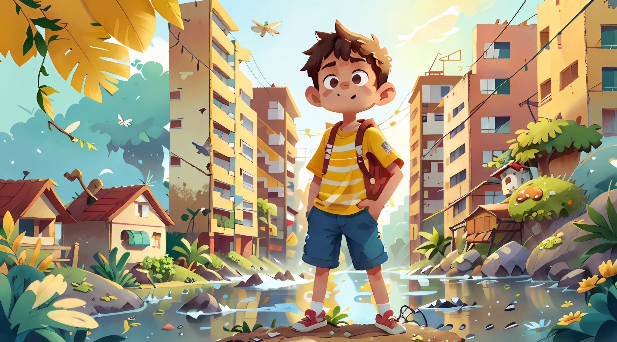 Poster design, (SFW), um jovem e um senhor de idade um sabio, riacho na pequena cidade, Spring Departure, Feliz, Fundo is a small river interspersed in the favela, qualidade perfeita, Foco claro, Colouring, rosto perfeito, detalhes intrincados, angle of view ultra-low, lente grande angular, pequena cidade