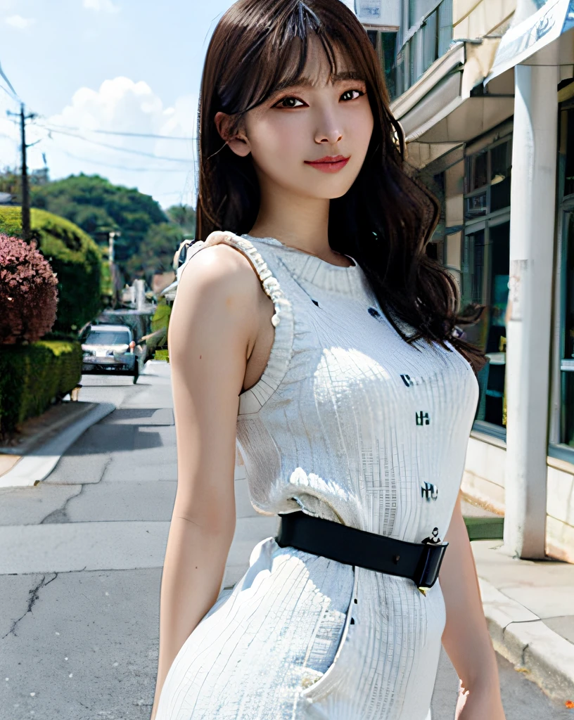 Woman Standing On Street Corner、top-quality、 1 a person、middlebreasts、tag、blur backgroun、Slender Line、bokeh dof、outside of house、(Street:0.8)、(a person々、Large crowds:1)、Sleeveless knitwear、one piece dress、a gorgeous(long hair up to the waist:1.4、Floating hair、Forehead:0.8)、Beautiful sky with details、耳Nipple Ring、(dynamicposes:1.2)、 (full body Esbian:1.2)、Soft lighting、the wind、glowy skin、Happy face、Sauce order、A gaze that looks at the viewer、A dark-haired、Glossy hair、sandal、A smile、